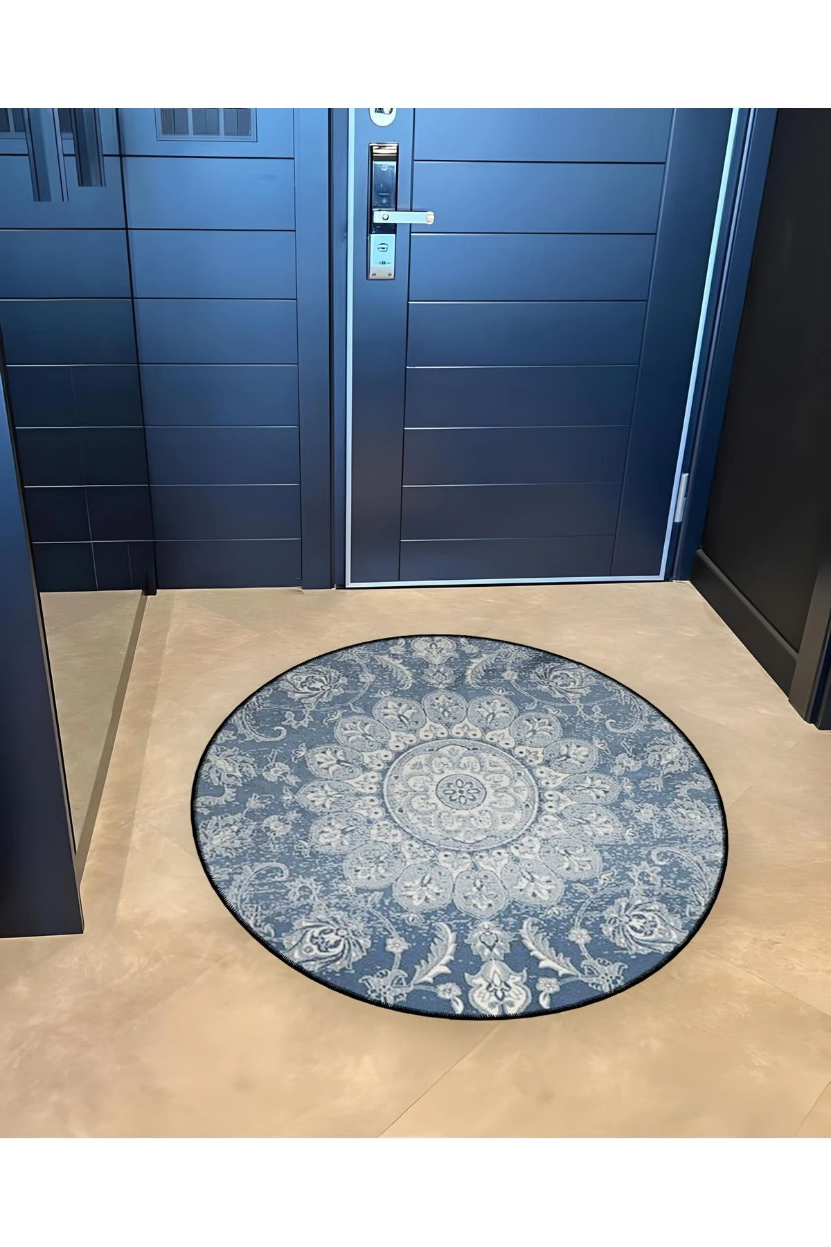 Mavi Temalı Etnik Motifli Geleneksel Desenli Yuvarlak Dokuma Taban Vintage Dekoratif Halı 6124