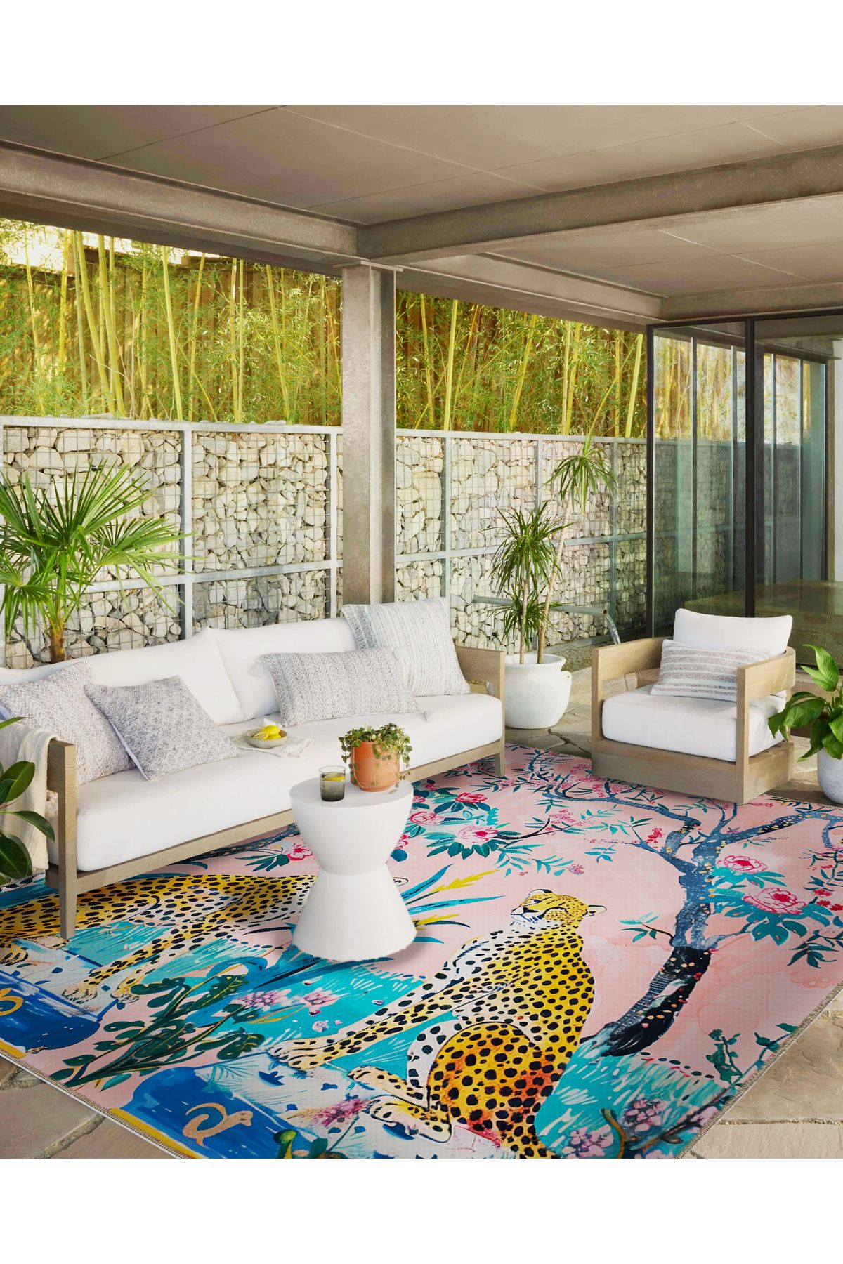 Paris Koleksiyonu Pembe Doğa Temalı İki Leopar Detaylı Modern Dekoratif Halı paris21