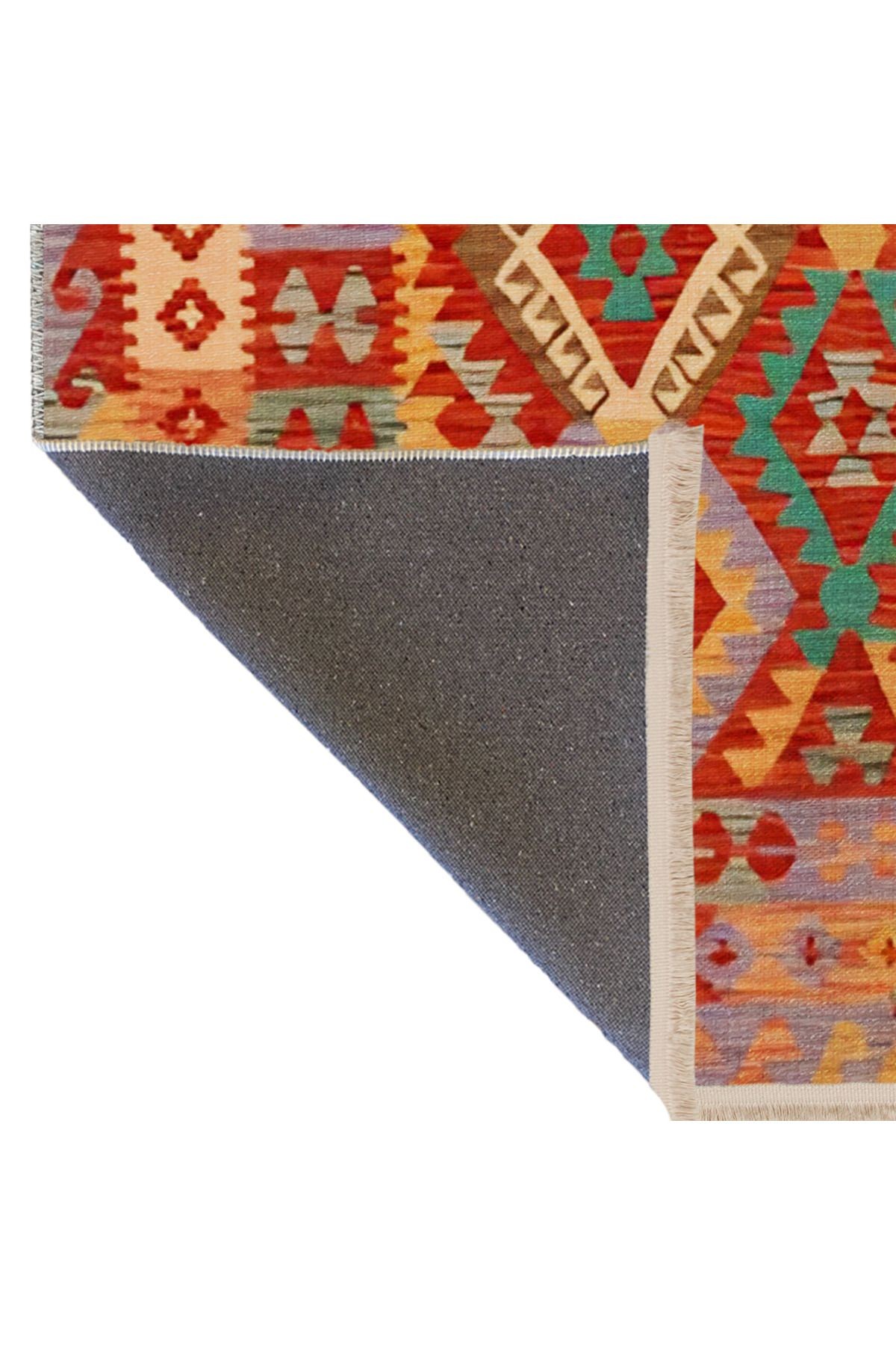 Turuncu Temalı Çok Renkli Geleneksel Motif Desenli Vintage Dekoratif Halı 1983