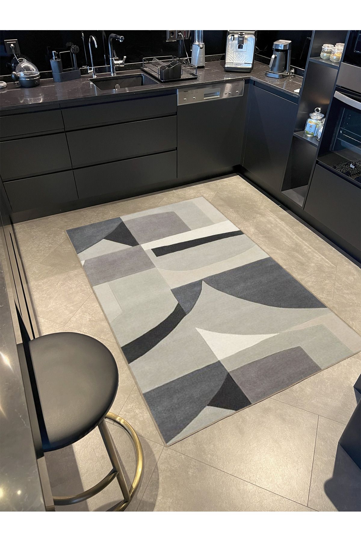 Krem Gri Geometrik Desenli Dokuma Taban miravip822