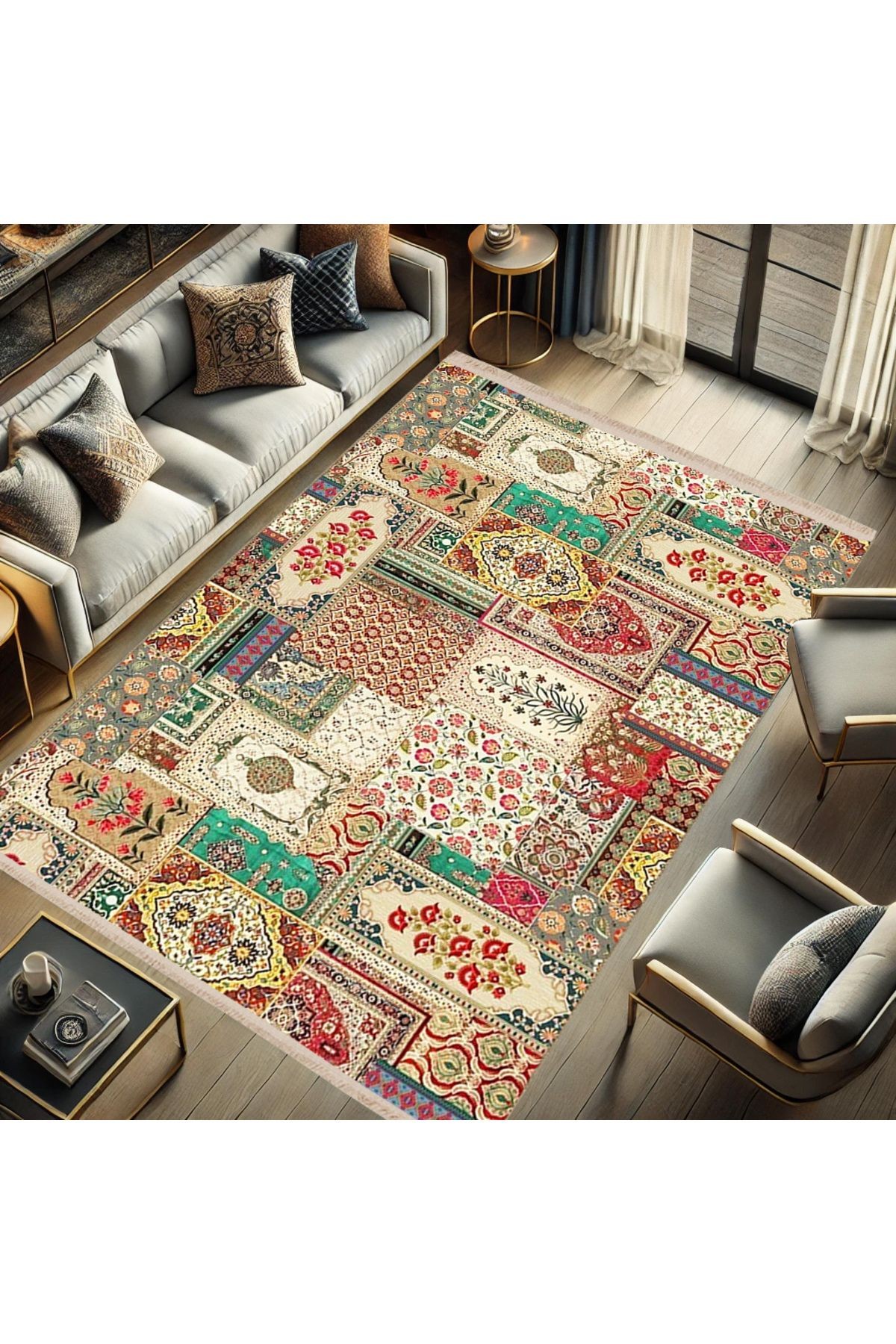 Kuvars Koleksiyonu Çok Renkli Etnik Motifler Desenli Dokuma Taban Vintage Dekoratif Halı kuvars09