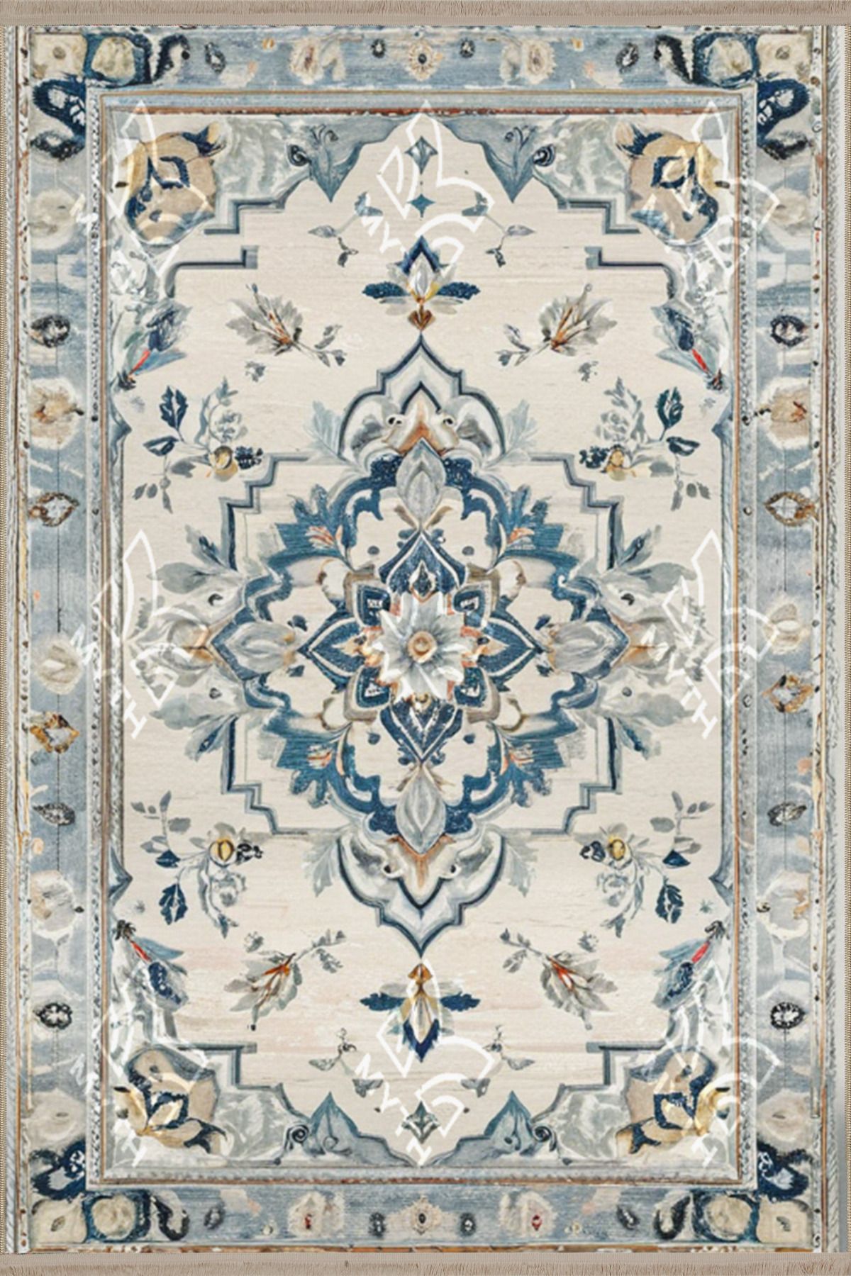 Krem Tonlarda Geleneksel Temalı Dokuma Taban ve Yıkanabilir Halı MYTH3