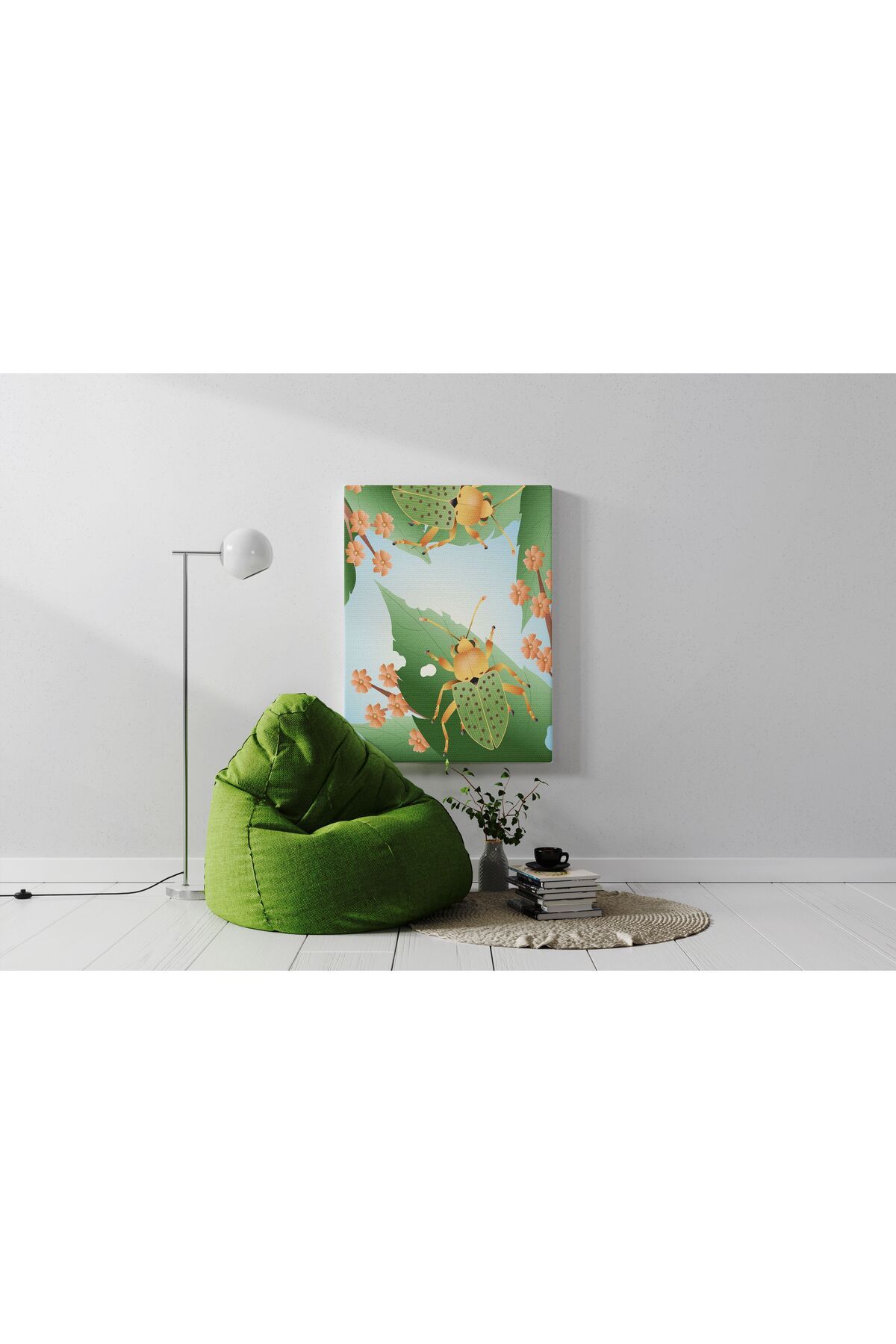 Kanvas Tablo Yapraklı Böcekli Desenli Modern Tablo
