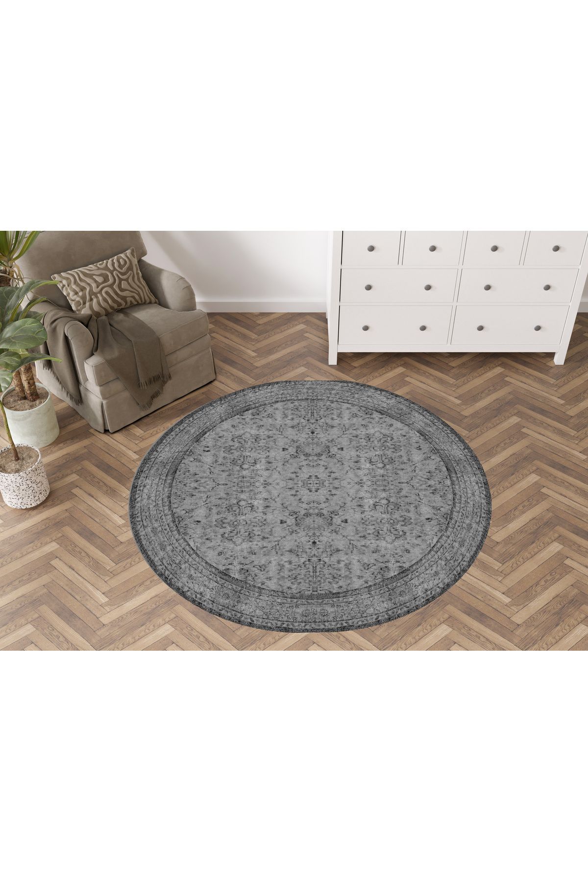 Mira Yuvarlak Gri Geleneksel Motif Desen Dokuma Taban Dekoratif Halı