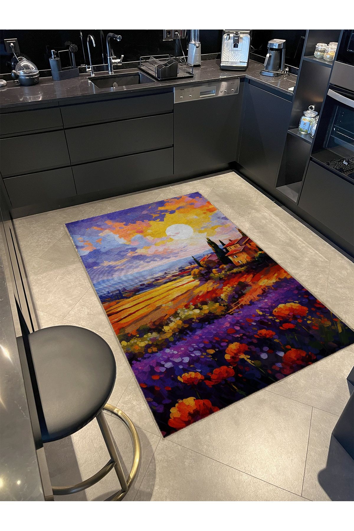 Pastel Renkler Gün Batımı ve Köy Desenli Modern Dekoratif Halı 5387
