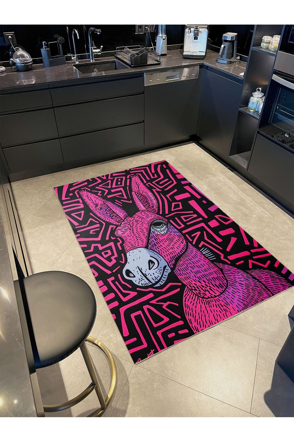Kemal Koleksiyonu Pembe Temalı Eşek Desenli Dokuma Taban Kreatif Modern Dekoratif Halı 24