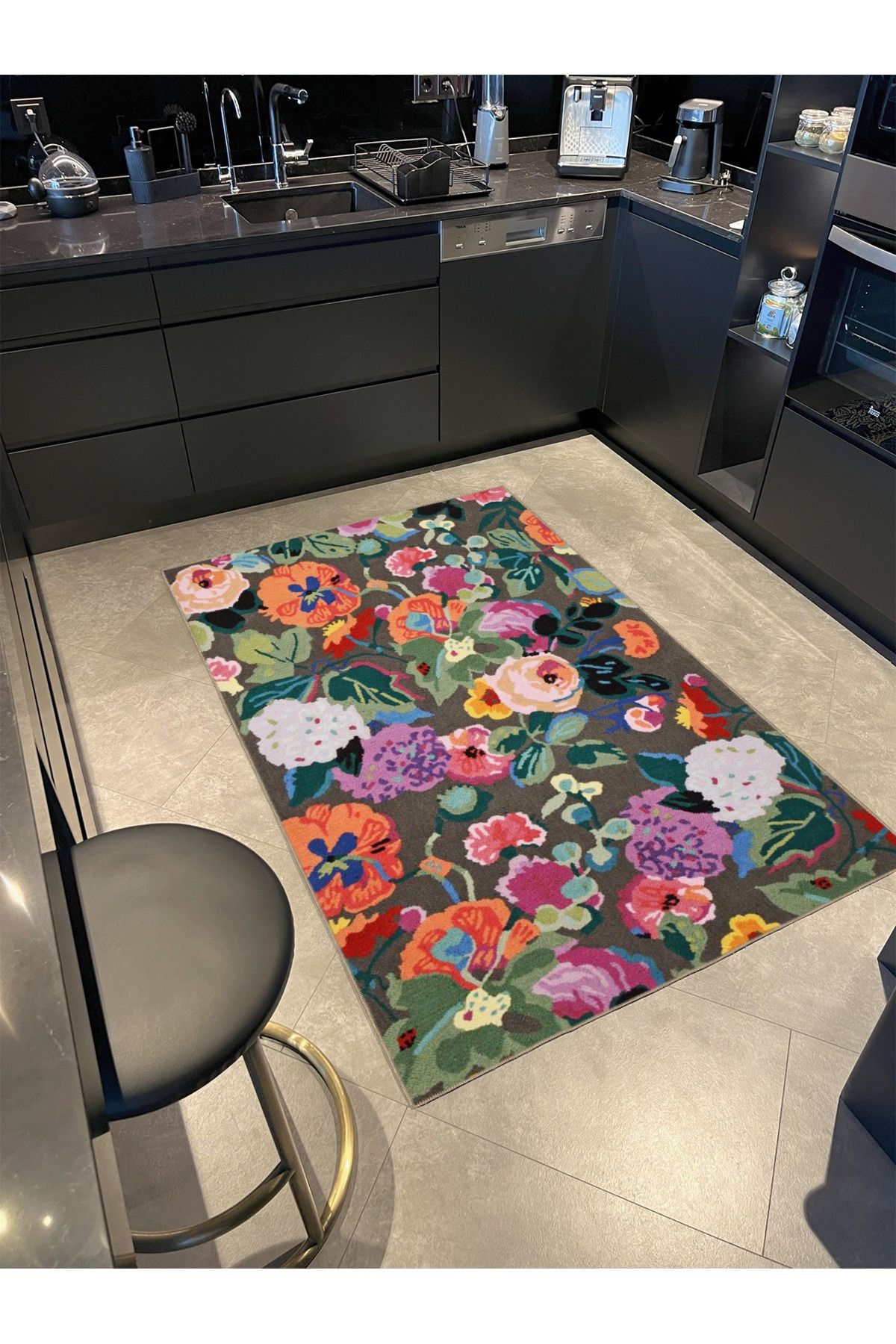 Çok Renkli Karma Floral Çiçek ve Gül Desenli Kreatif Modern Dekoratif Halı 3625