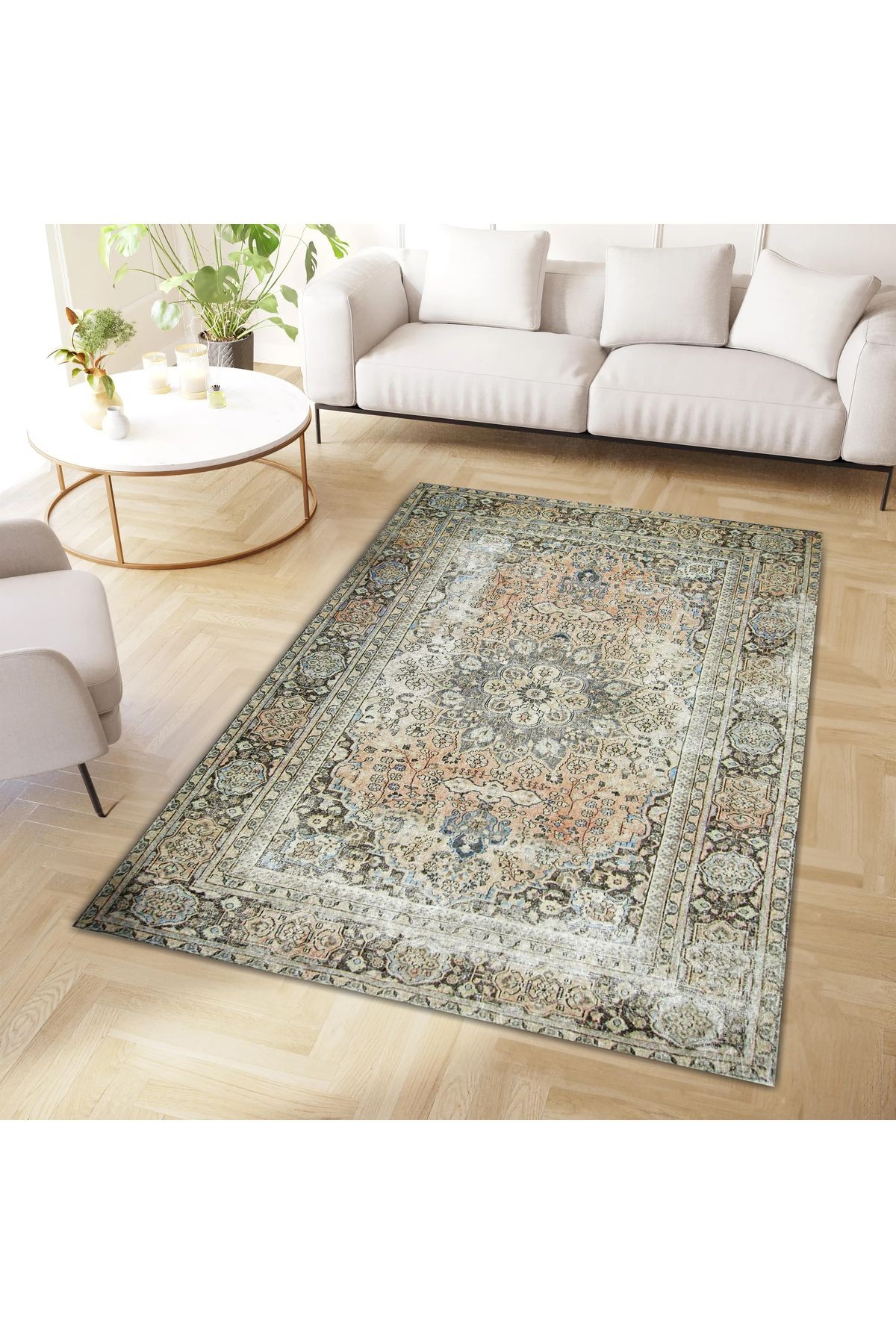 Mete Koleksiyonu Gri Temalı Geleneksel Motif ve Çiçek Desenli Vintage Dekoratif Halı 17
