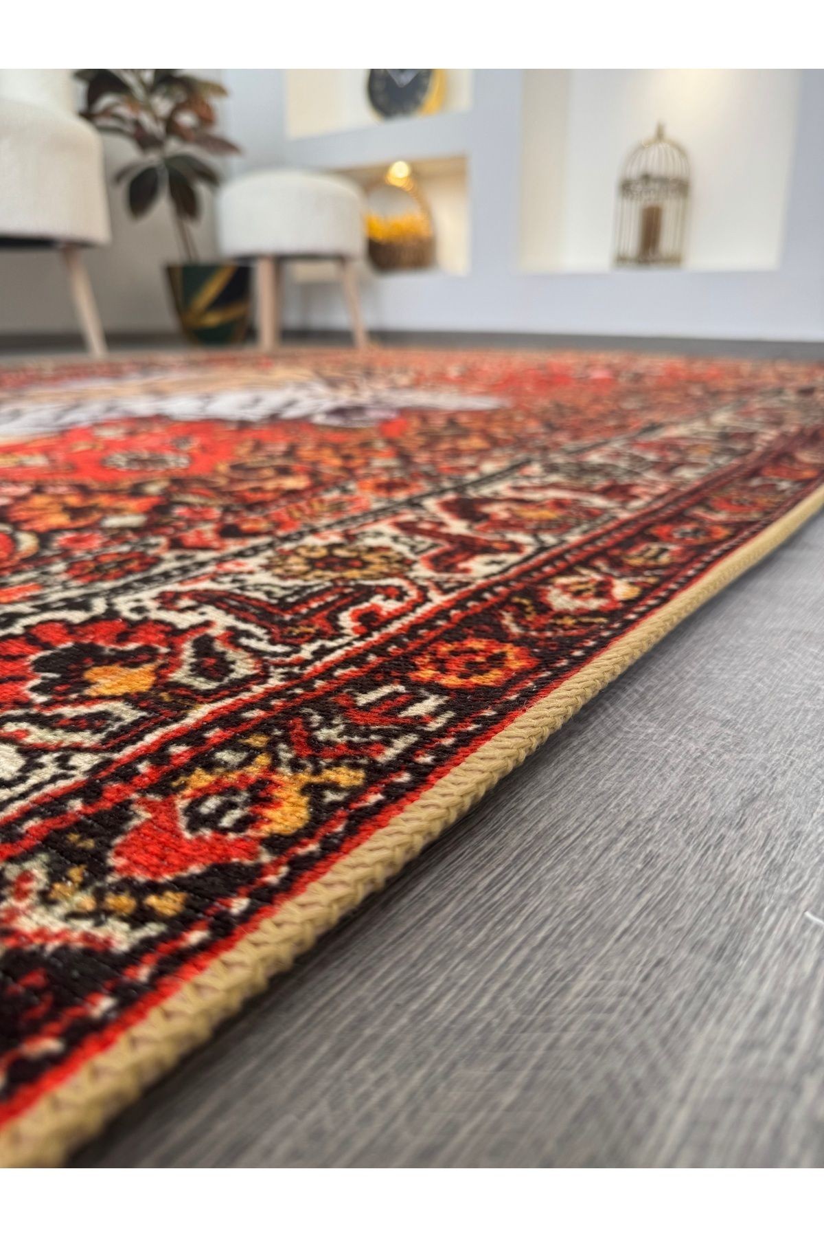 Nilla Koleksiyonu Kırmızı Vintage Desenli Kaplan Detaylı Dokuma Taban Dekoratif Halı nilla08