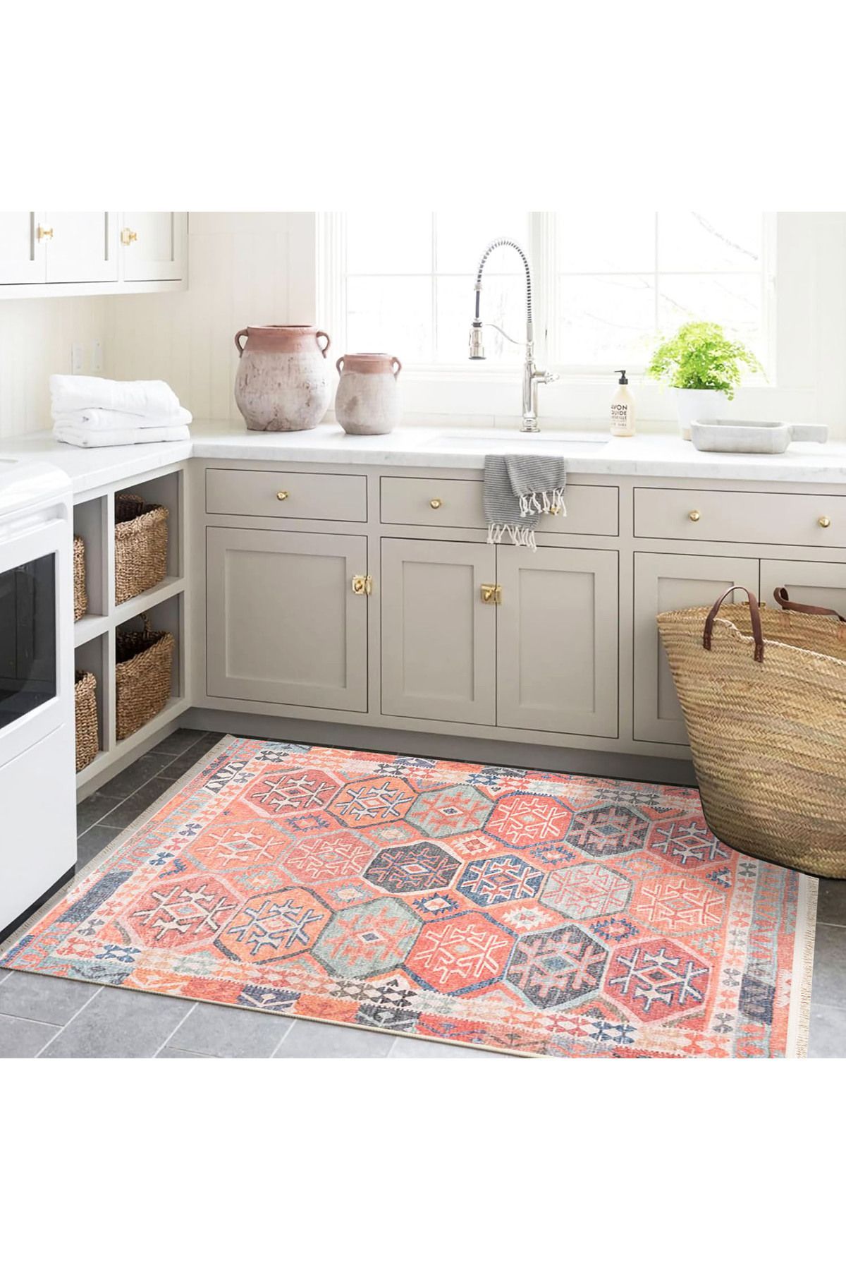 Alya Koleksiyonu Eskitme Görünümlü Çok Renkli Etnik Desenli Dokuma Taban Dekoratif Halı alya46