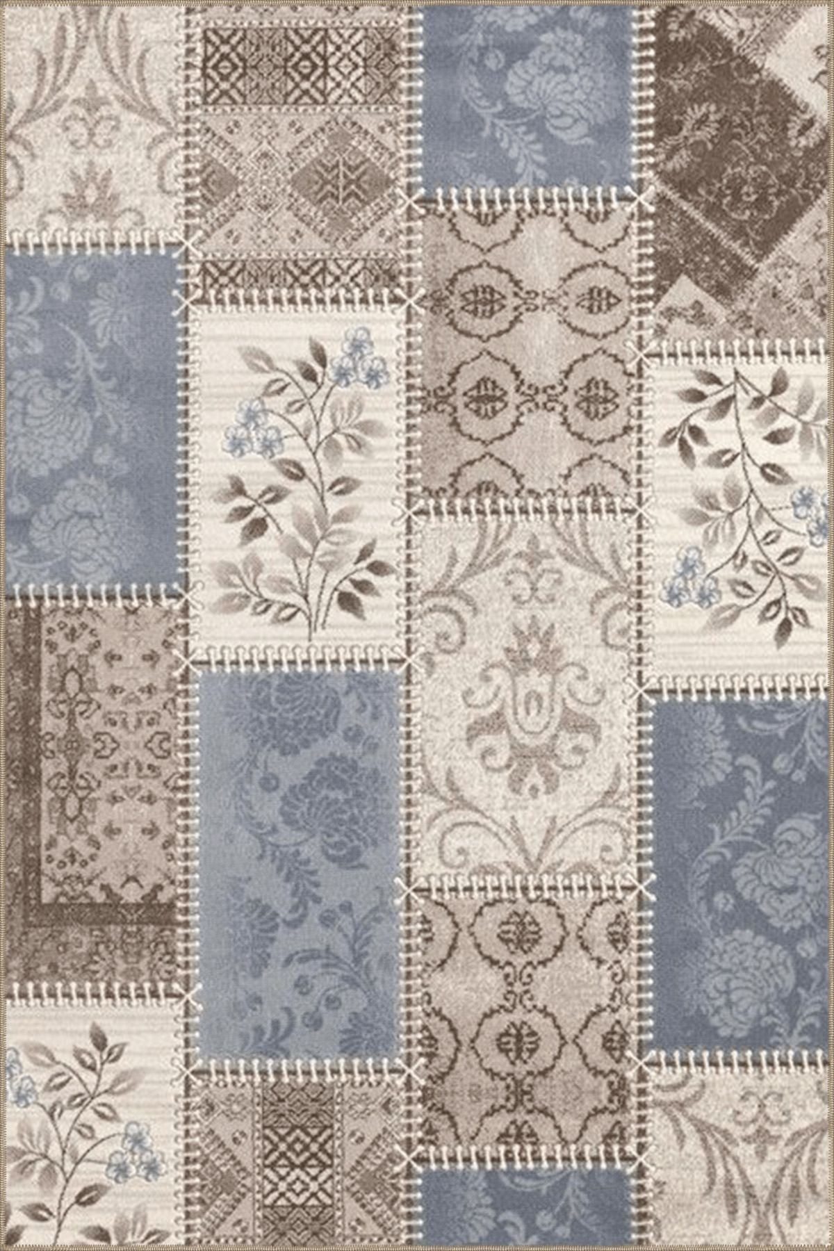 Floral Temalı Mavi Bej Ton Motifli Çiçek Desenli Vintage Dekoratif Halı 4838