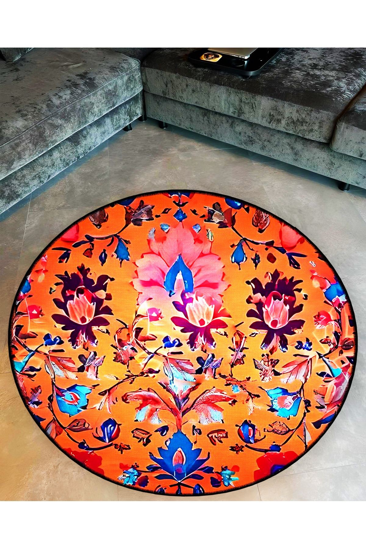 Mira Yuvarlak Turuncu Çok Renkli Desenli Çiçek Detaylı Dokuma Taban Modern Dekoratif Halı 5715