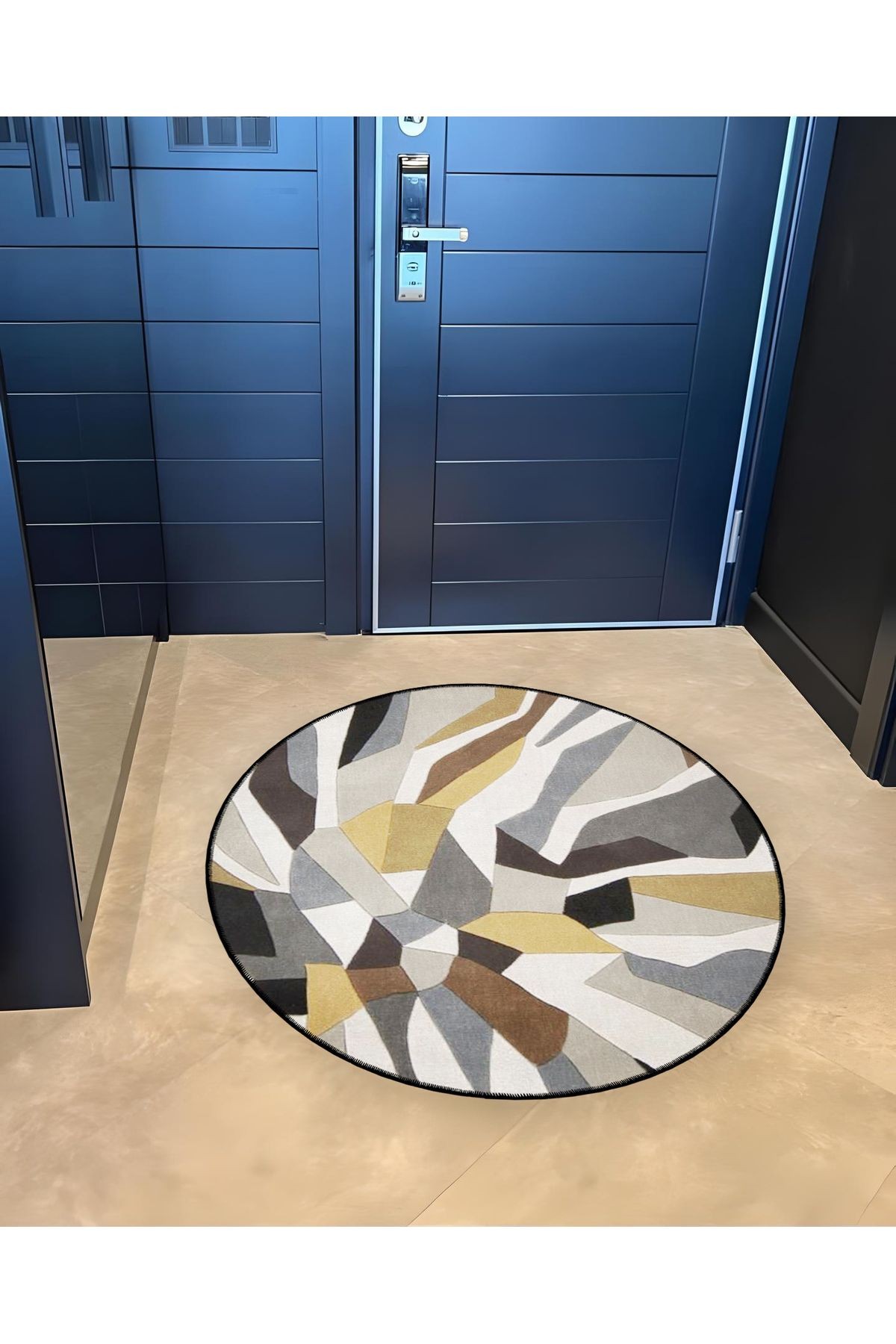 Gri Tema Soyut Abstract Desenli Yuvarlak Dokuma Taban Modern Dekoratif Halı 6102