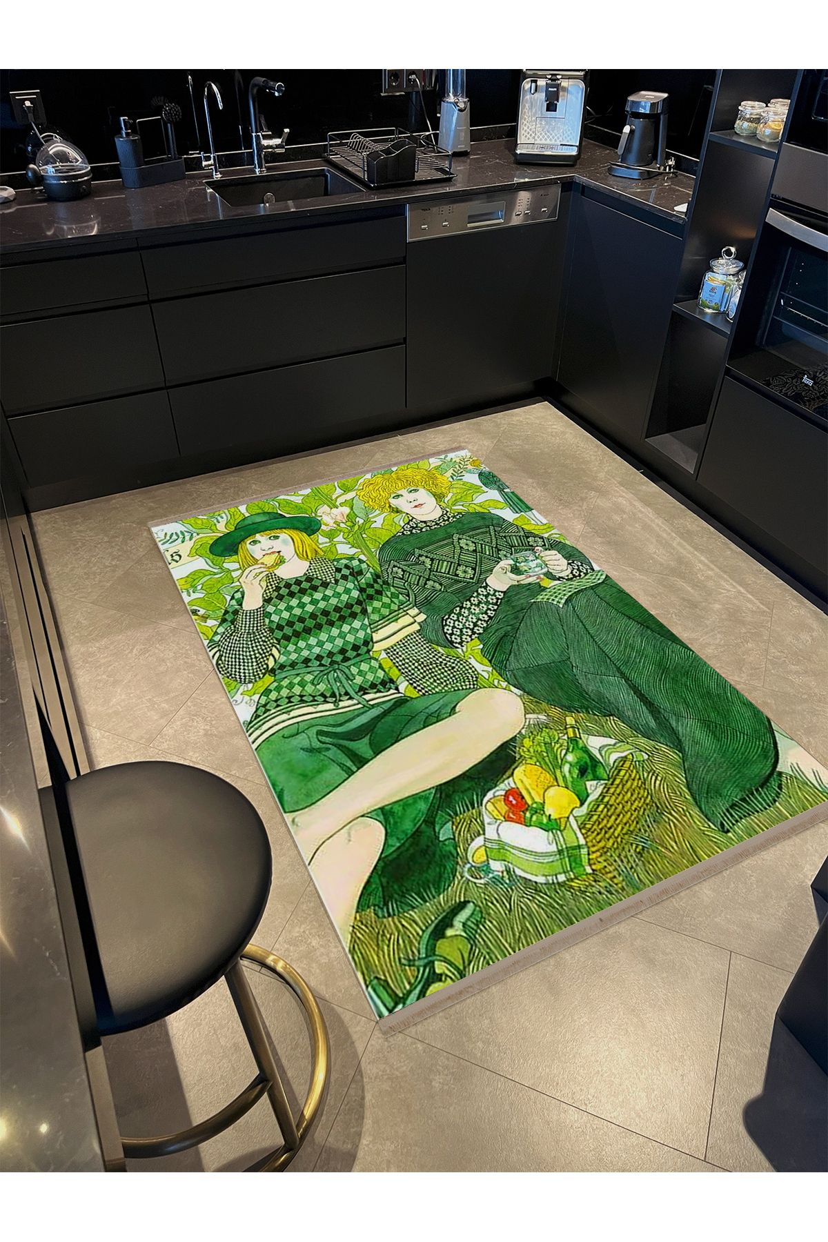 Aynur Koleksiyonu Mavi Temalı Kadınlar ve Kurbağa Desenli Dokuma Taban Modern Dekoratif Halı aynur14