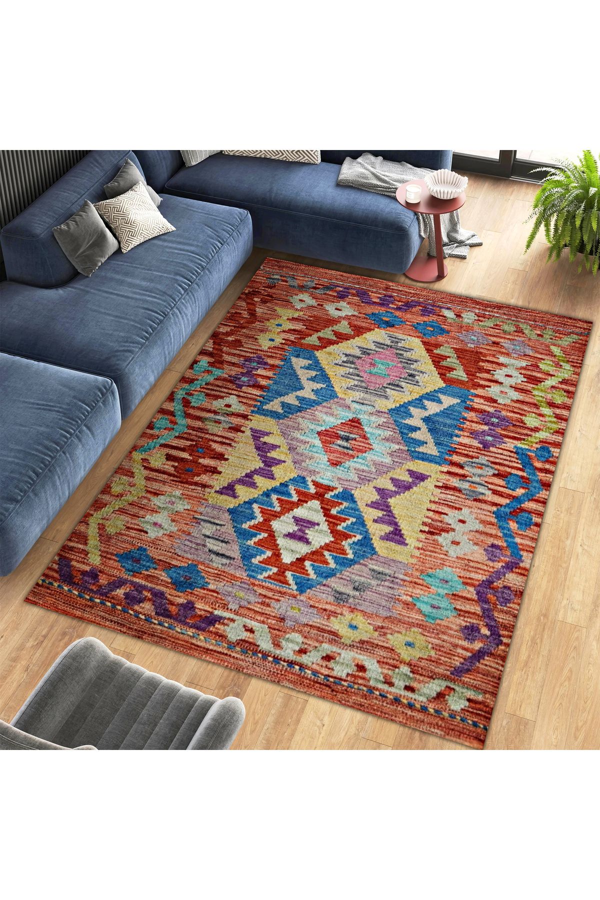 Mete Koleksiyonu Çok Renkli Geometrik Motifler Desenli Vintage Dekoratif Halı 09