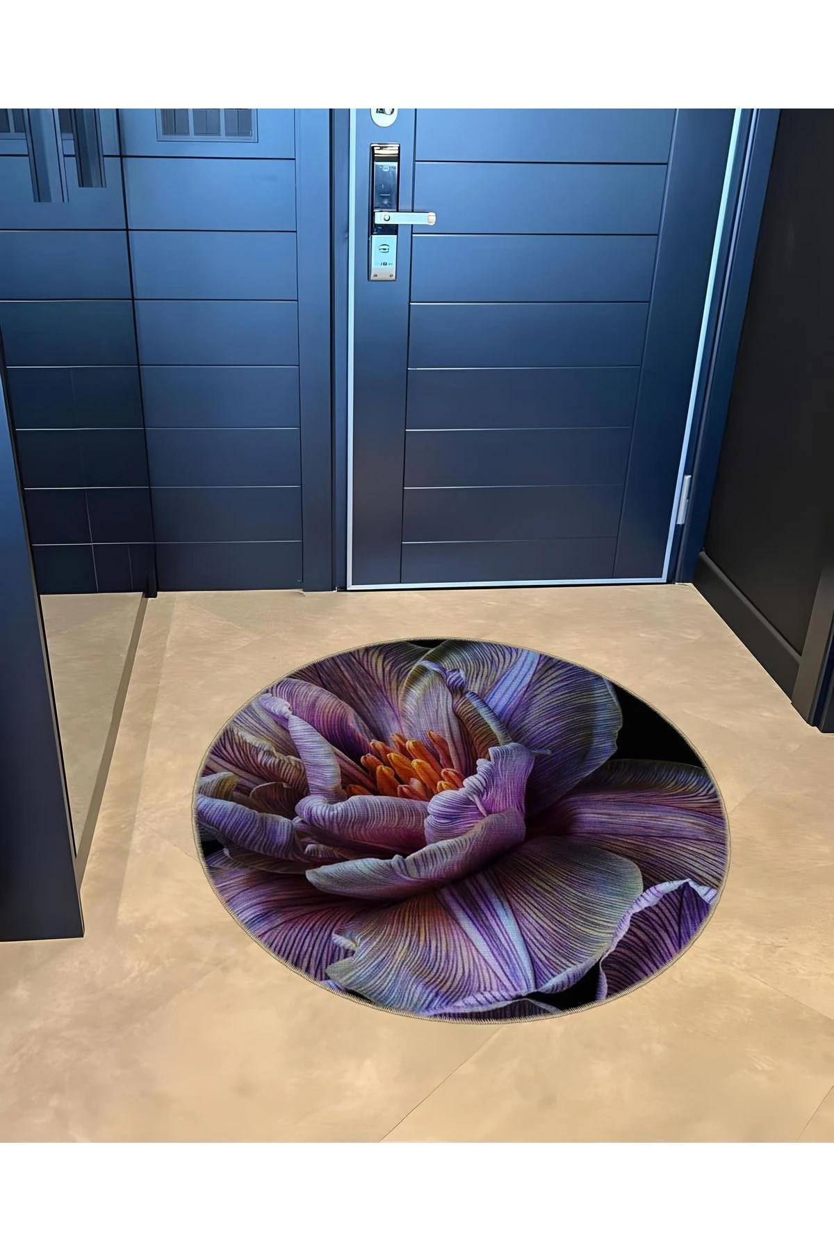 Mira Yuvarlak Mor Çiçek Dokuma Taban Modern Dekoratif Halı 5533