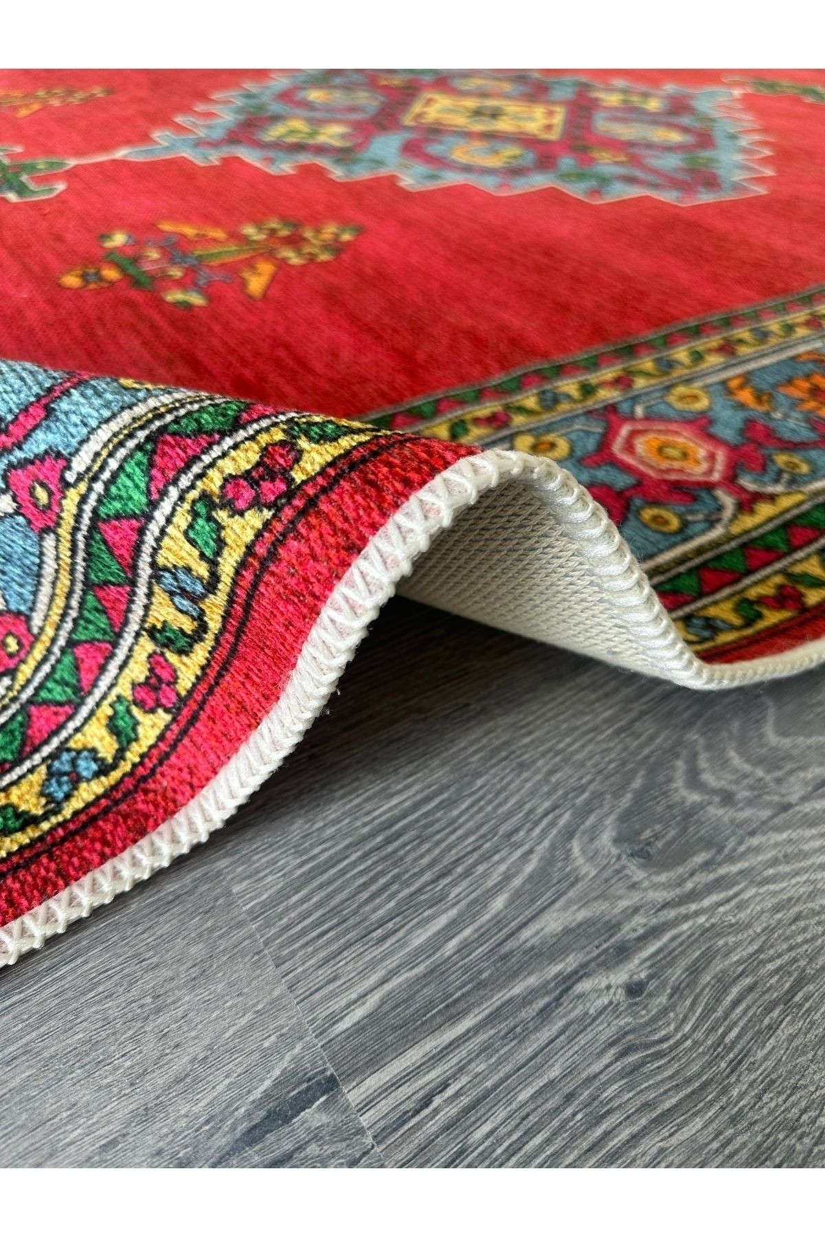 Opal Kırmızı Antik Desenli Püskül Detaylı Dokuma Taban Modern Dekoratif Halı opal09