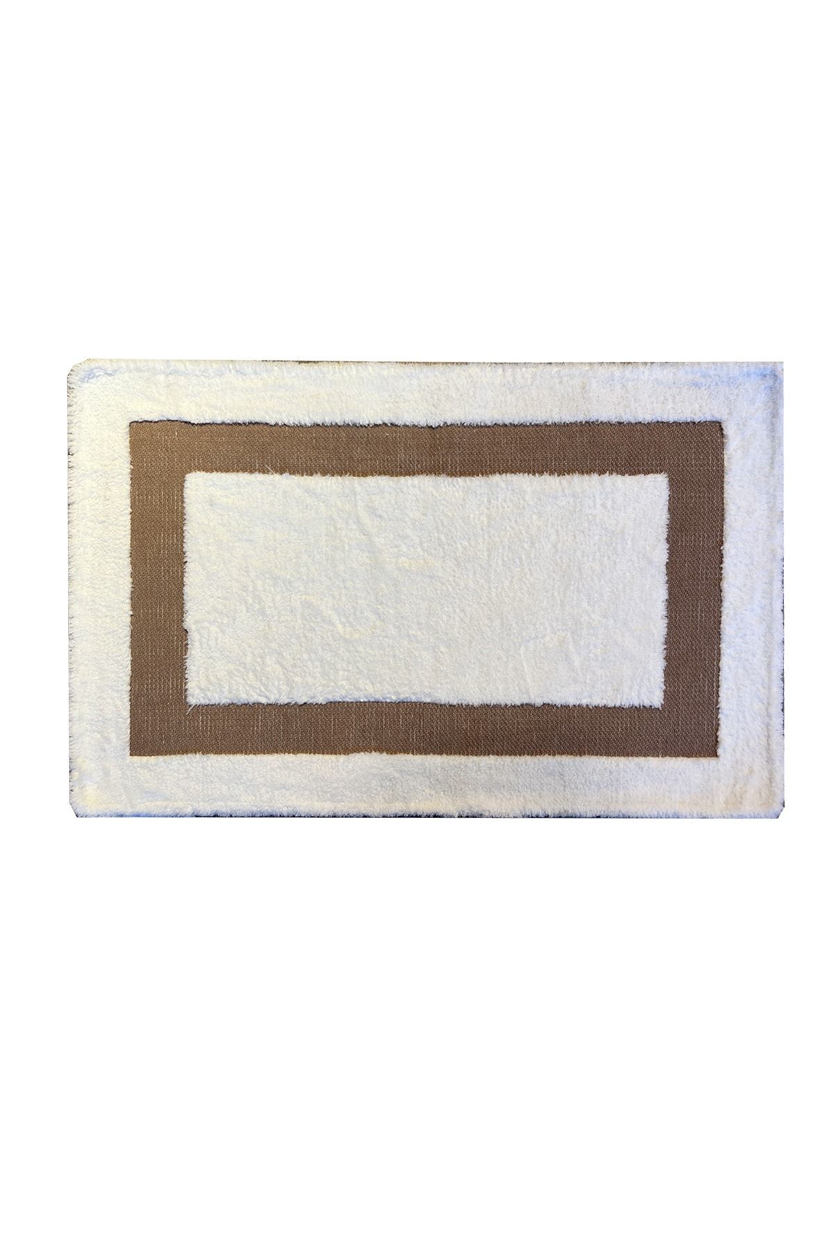 Camel Renk Çerçeveli Beyaz Dokuma Banyo Paspası 60x90