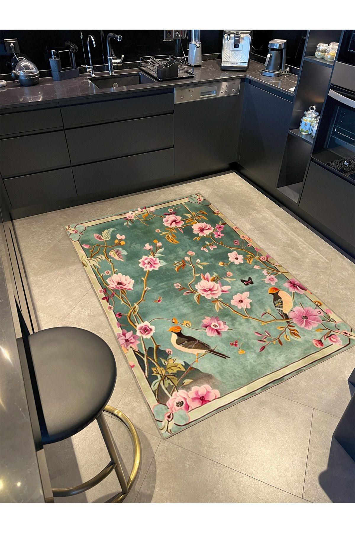 Paris Koleksiyonu Mavi Temalı Pembe Şeftali Çiçekleri ve Kuş Desenli Modern Dekoratif Halı 148