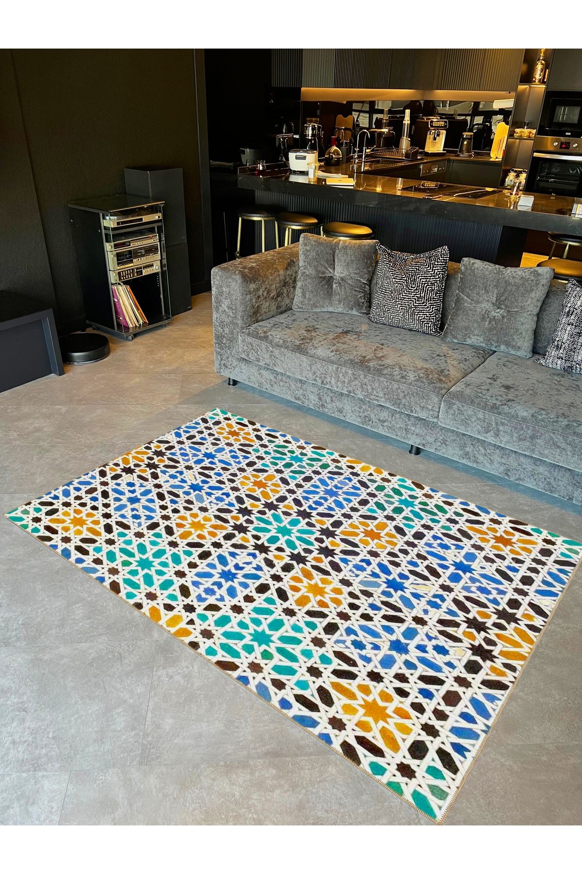 Semih Koleksiyonu Çok Renkli Yıldız Geometrik Şekiller Desenli Dokuma Taban Modern Dekoratif Halı 39