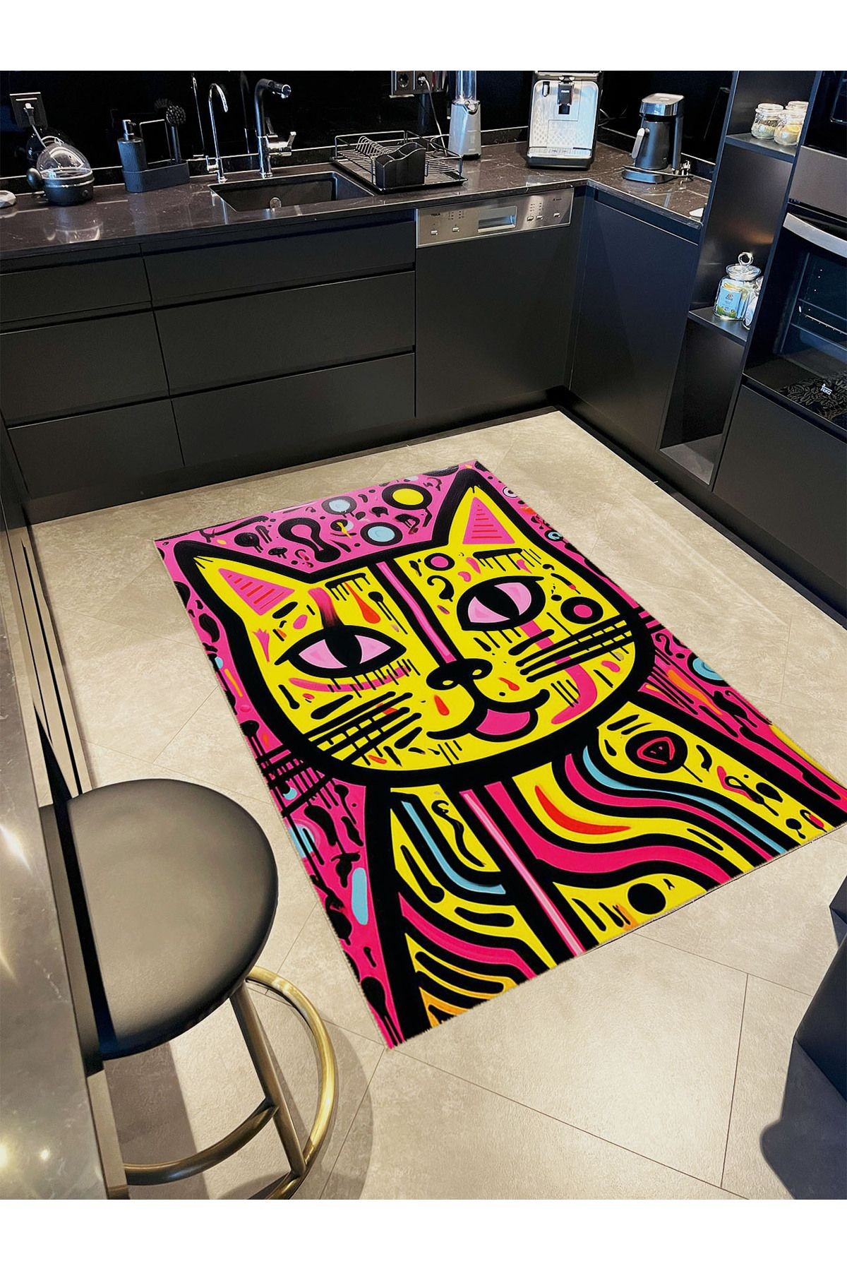 Güneş Koleksiyonu Pembe Sarı Kedi Desenli Dokuma Taban Modern Dekoratif Halı güneş31