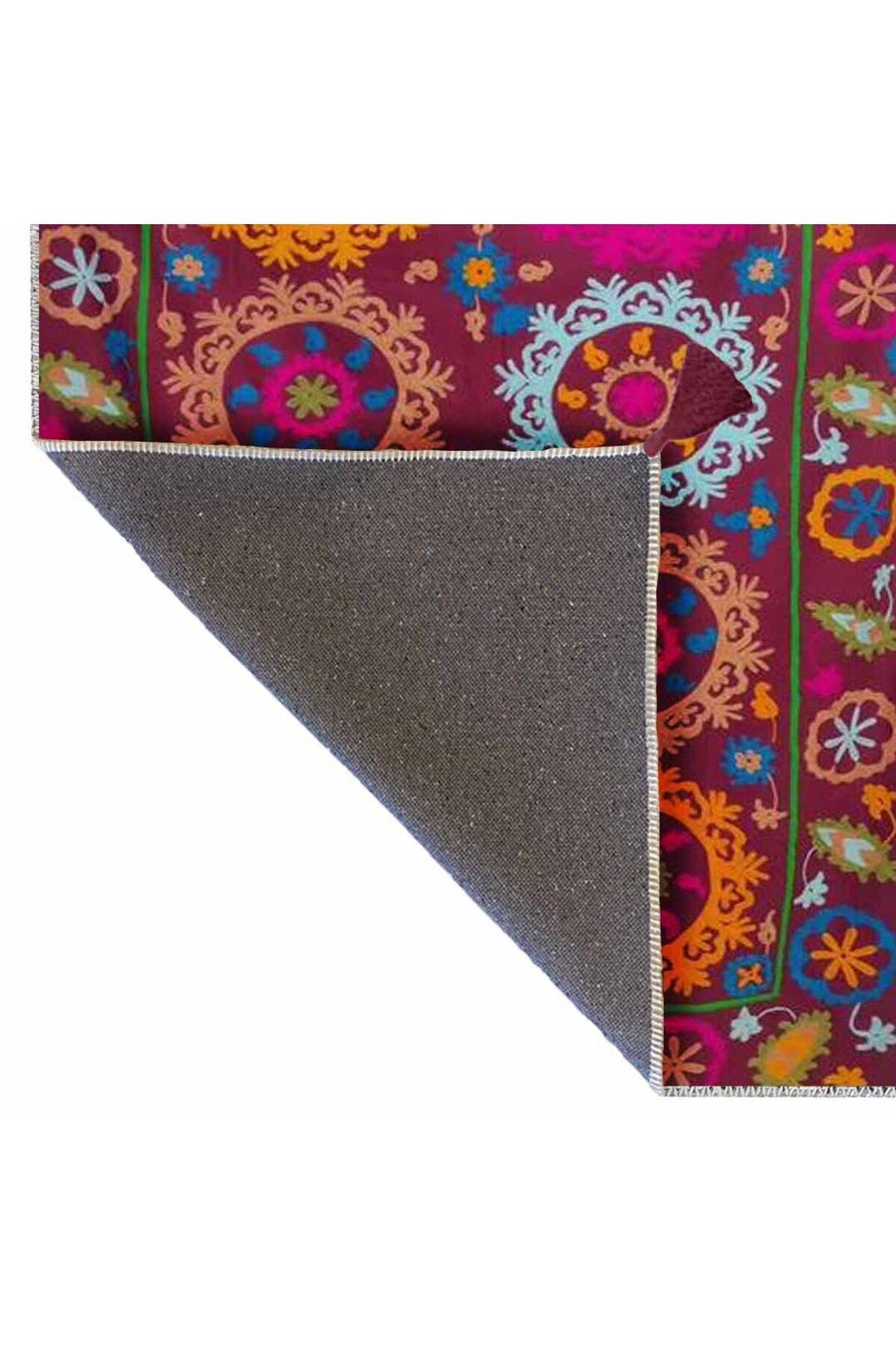 Haryana Koleksiyonu Çok Renkli Çiçek Figürlü ve Etnik Desenli Dokuma Taban Vintage Dekoratif Halı 05