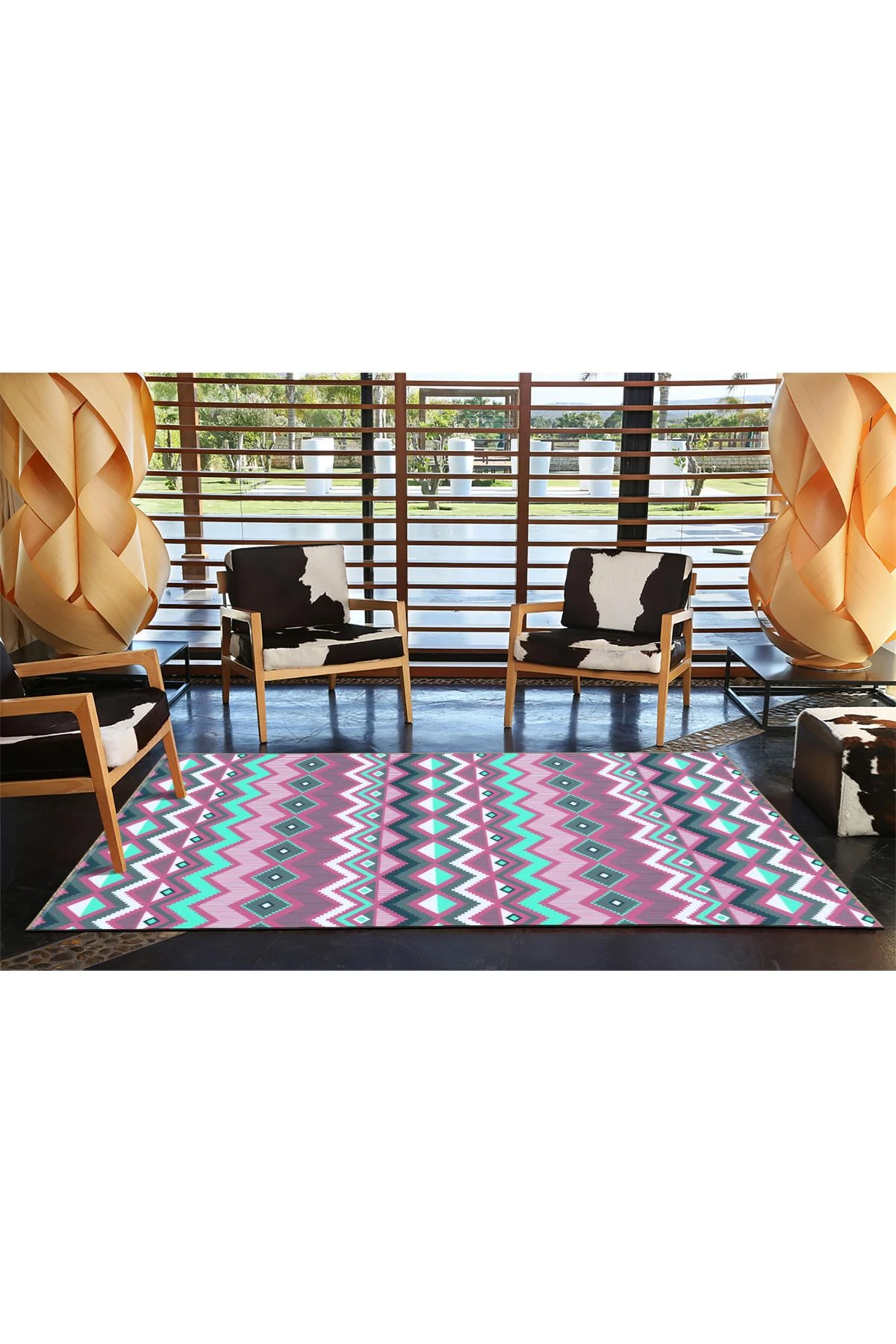 Pembe Temalı Zik Zak Geometrik Desenli Modern Dekoratif Halı 4690