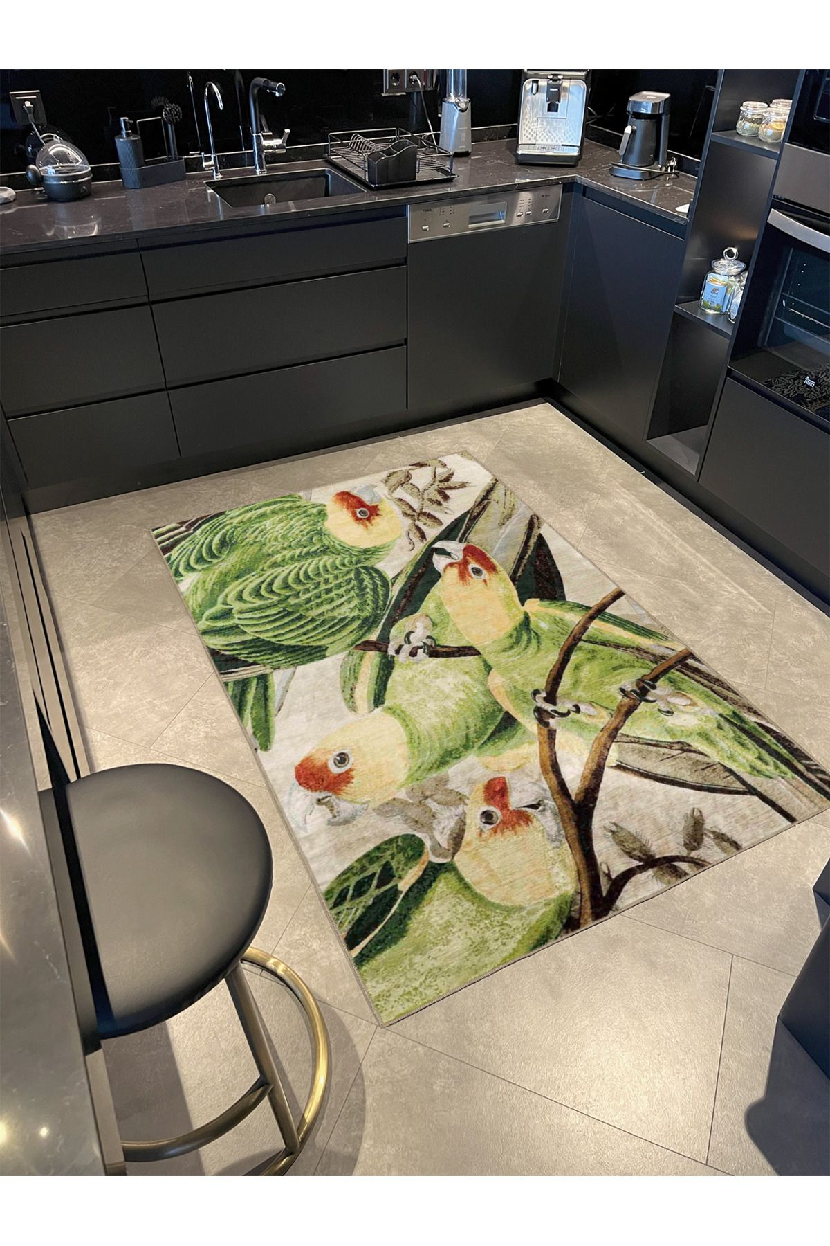 Yaprak ve Papağan Kuş Renkli Desenli Dokuma Taban miravip652