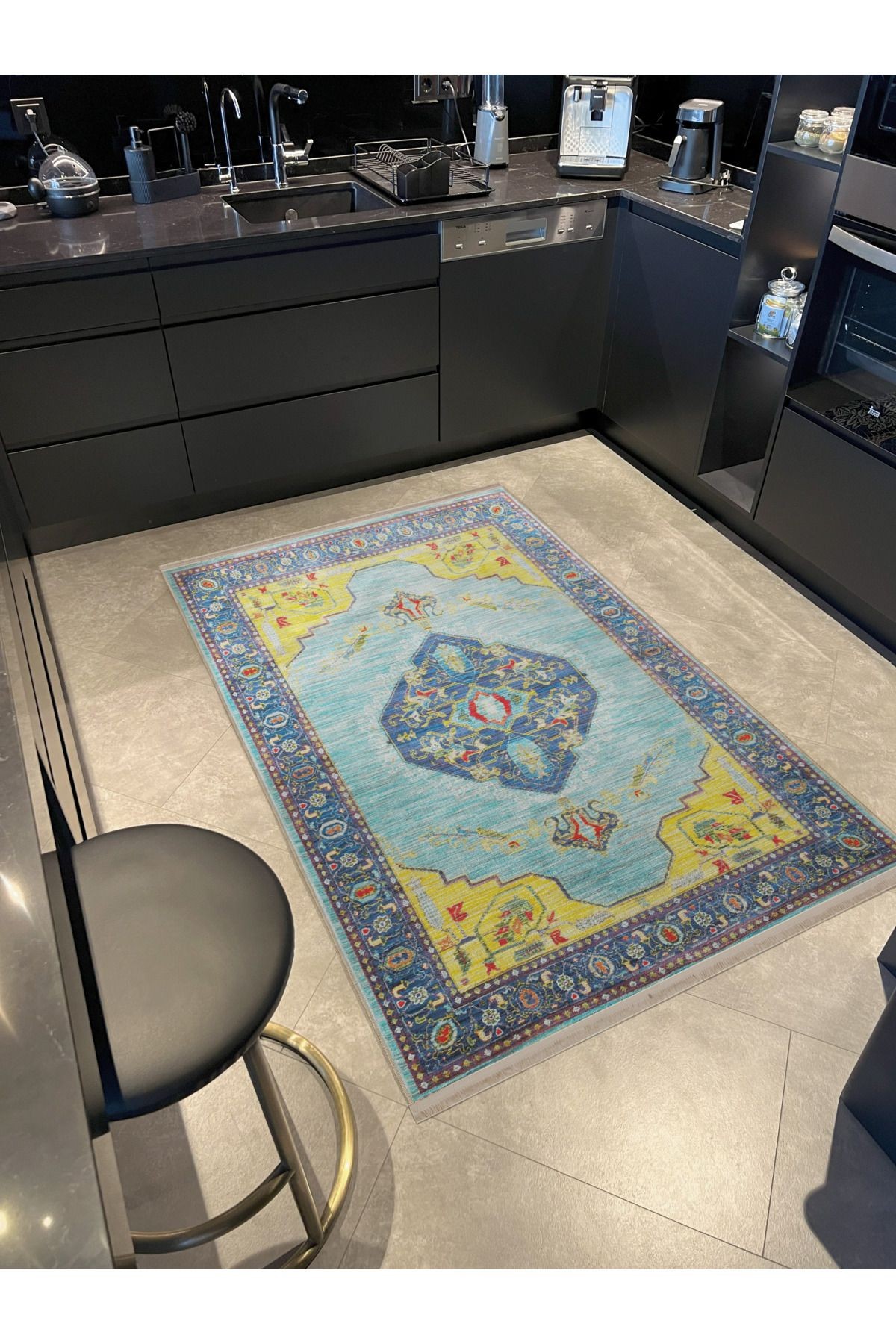 Mavi Sarı Temalı Geleneksel Motif Etnik Desenli Kreatif Vintage Dekoratif Halı 2778