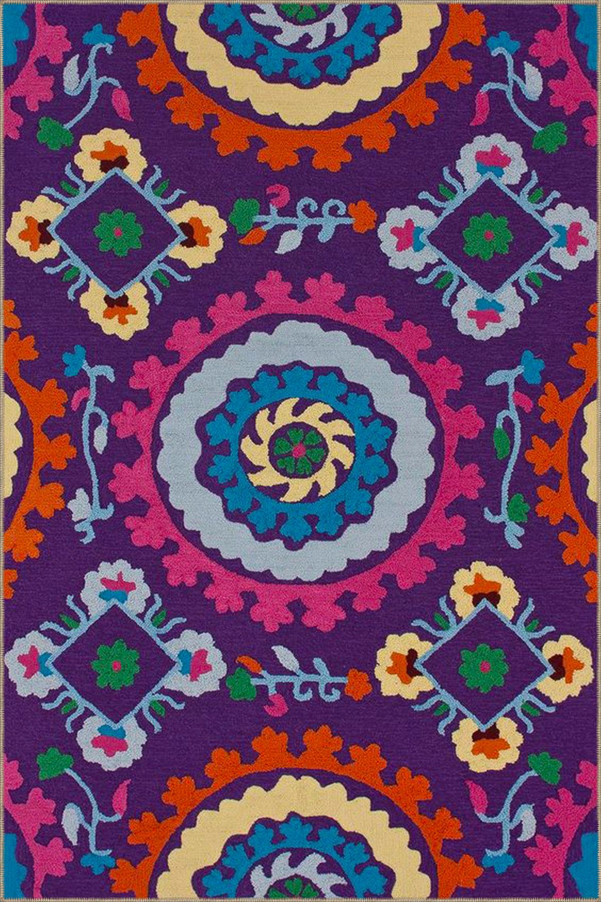 Mor Desenli Renkli Çiçekli Temalı Dokuma Taban Halı ve Yıkanabilir Halı miravip9848