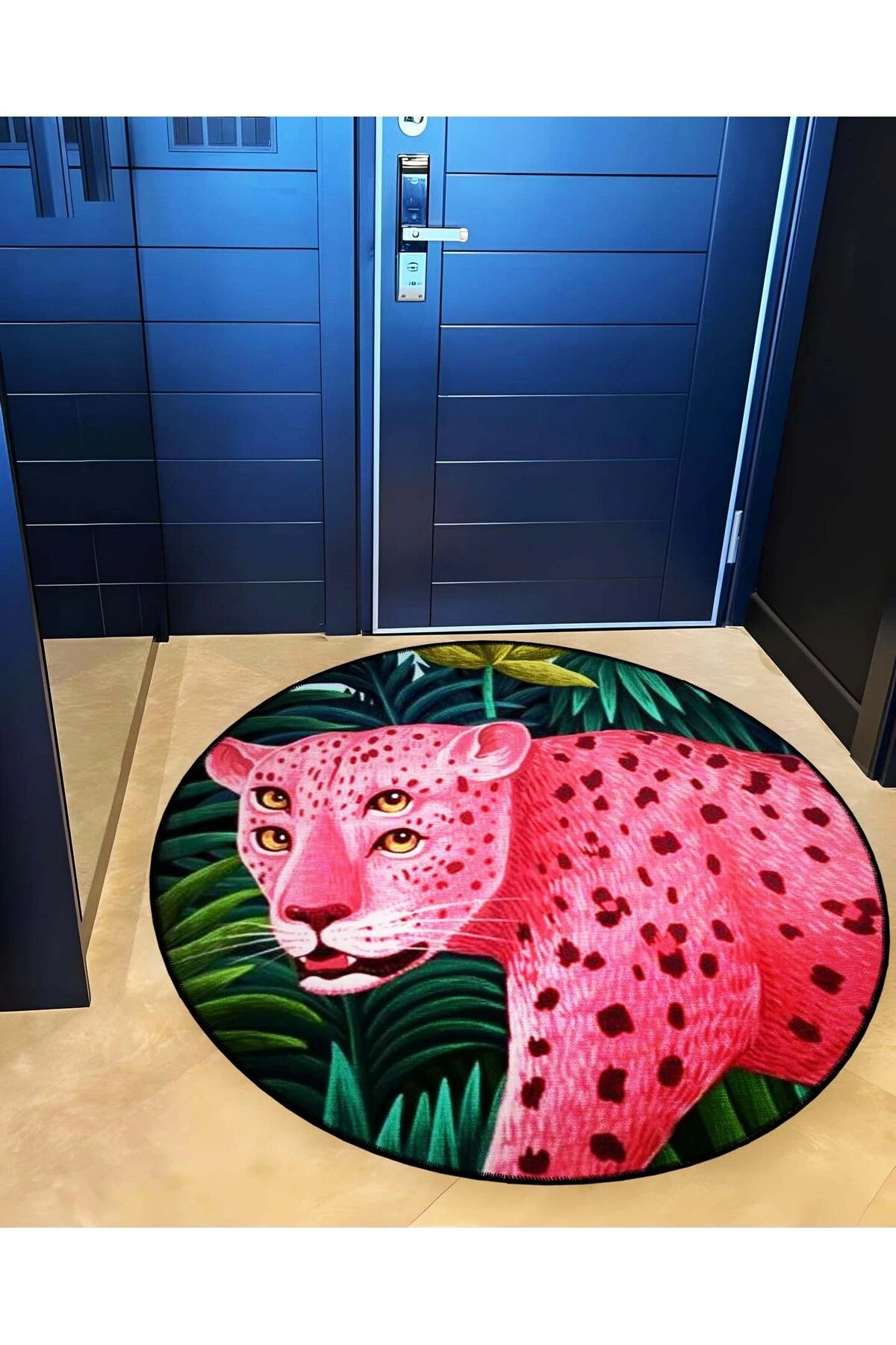 Mira Yuvarlak İki Çift Göz Detaylı Pembe Kaplan Desenli Dokuma Taban Dekoratif Halı mirayuvarlak5830