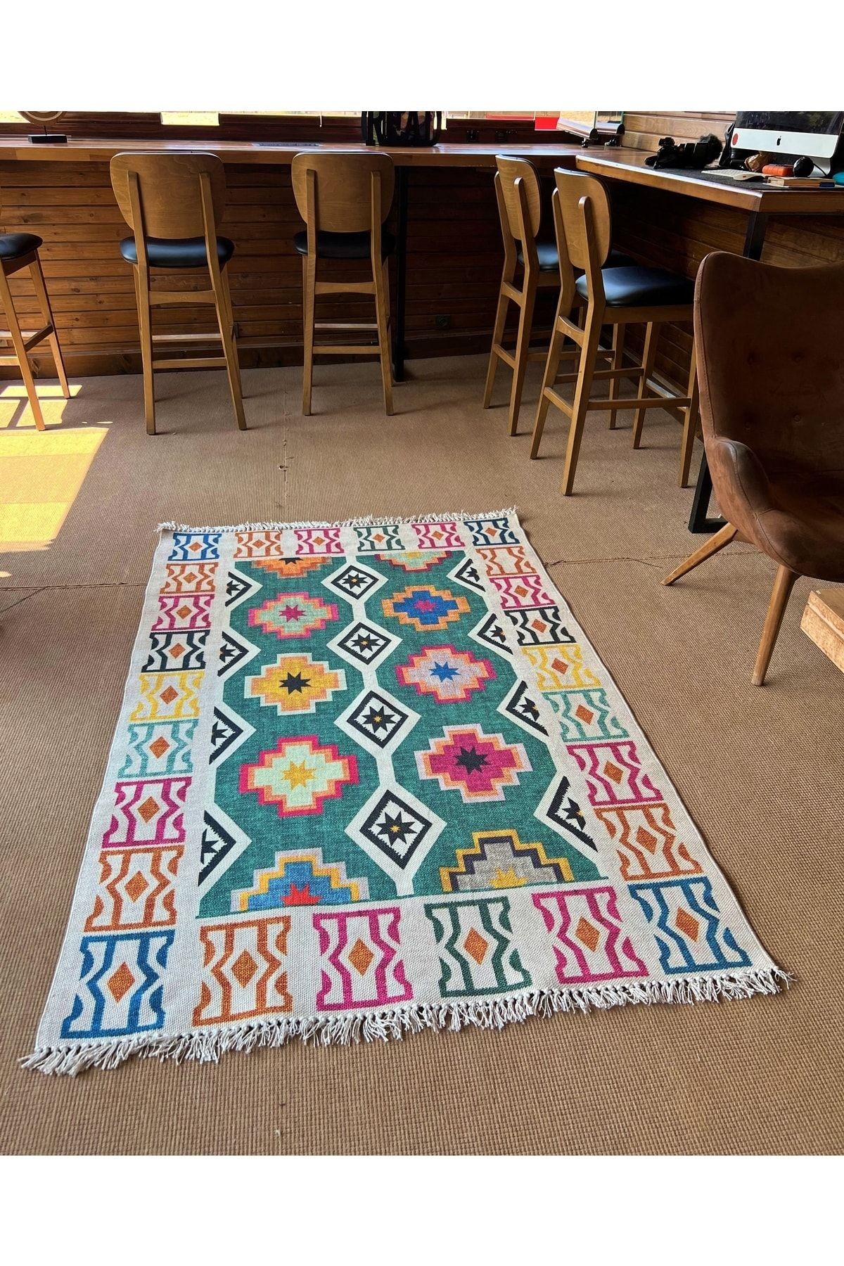 Cotton 554 Etnik Desenli Dokuma Taban Yeşil Çok Renkli Kilim