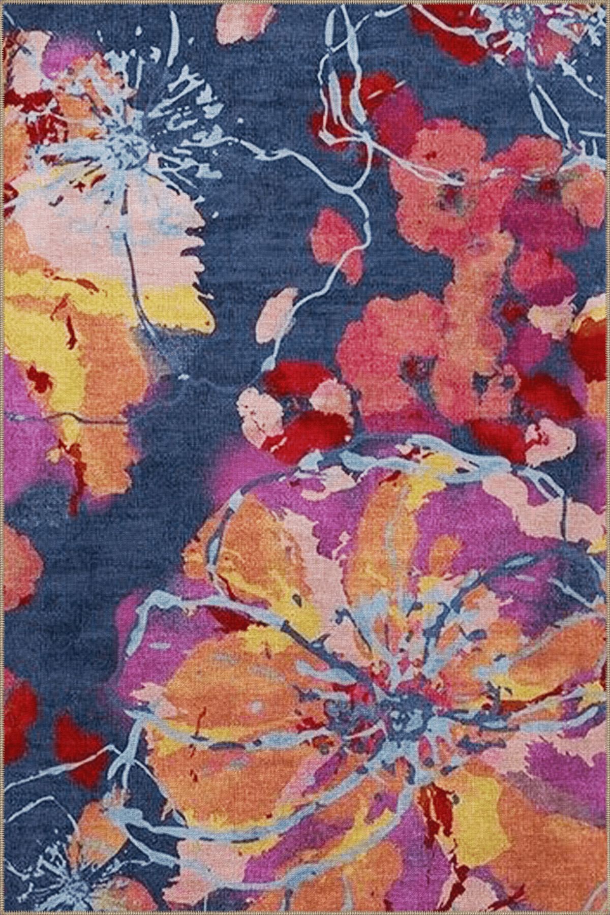 Lacivert Temalı Çok Renkli Floral Çiçek Desenli Kreatif Modern Dekoratif Halı 3803