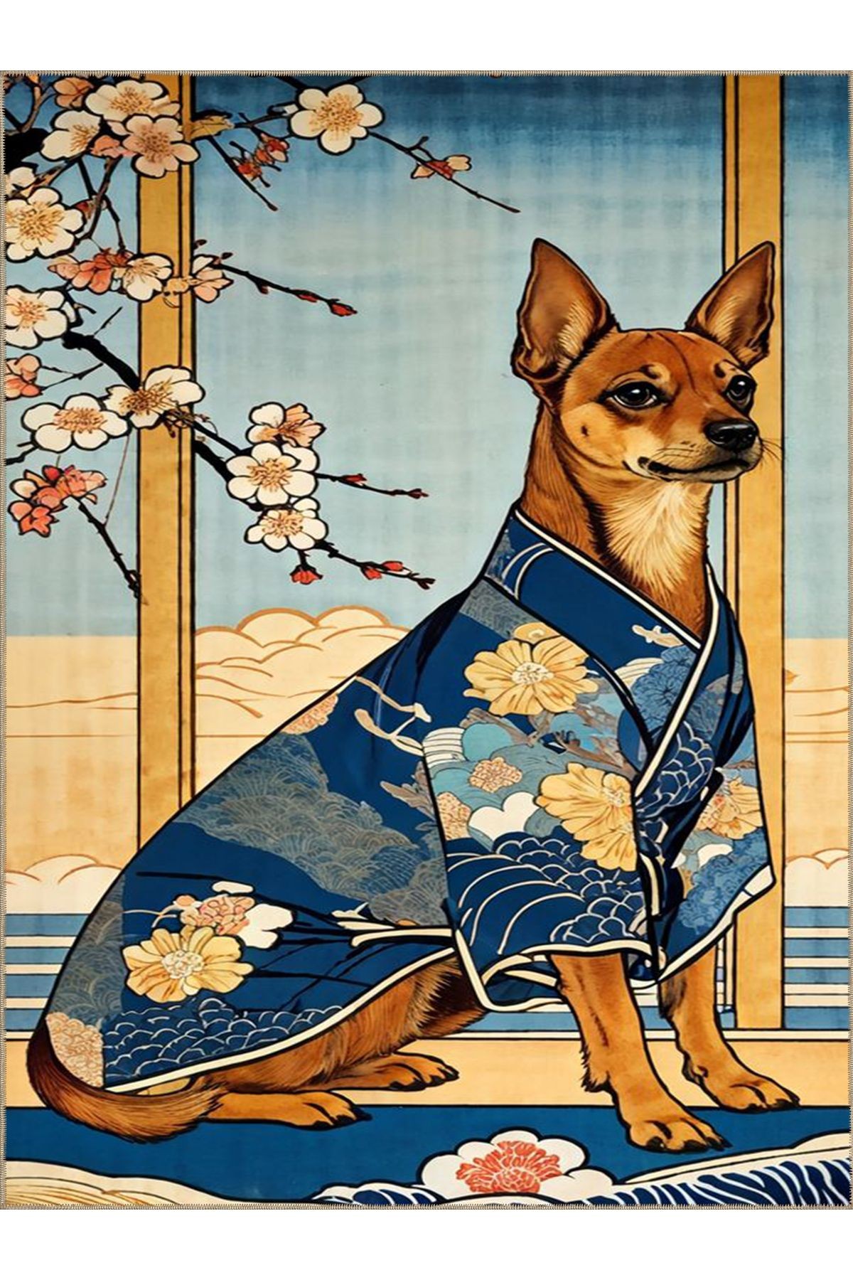 Seda Koleksiyonu Sakura Çiçekleri ve Kimonolu Köpek Desenli Dokuma Taban Dekoratif Halı seda30