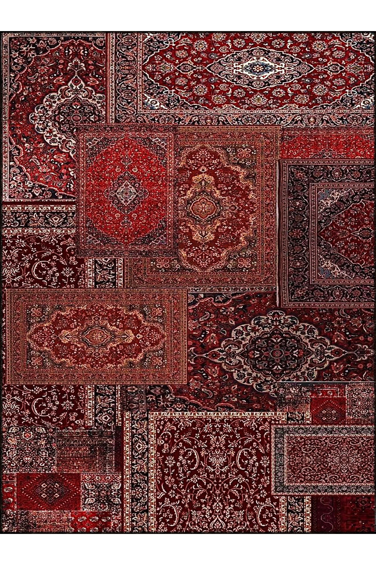 Kuvars Koleksiyonu Kırmızı Vintage Motifler Desenli Dokuma Taban Etnik Dekoratif Halı kuvars27