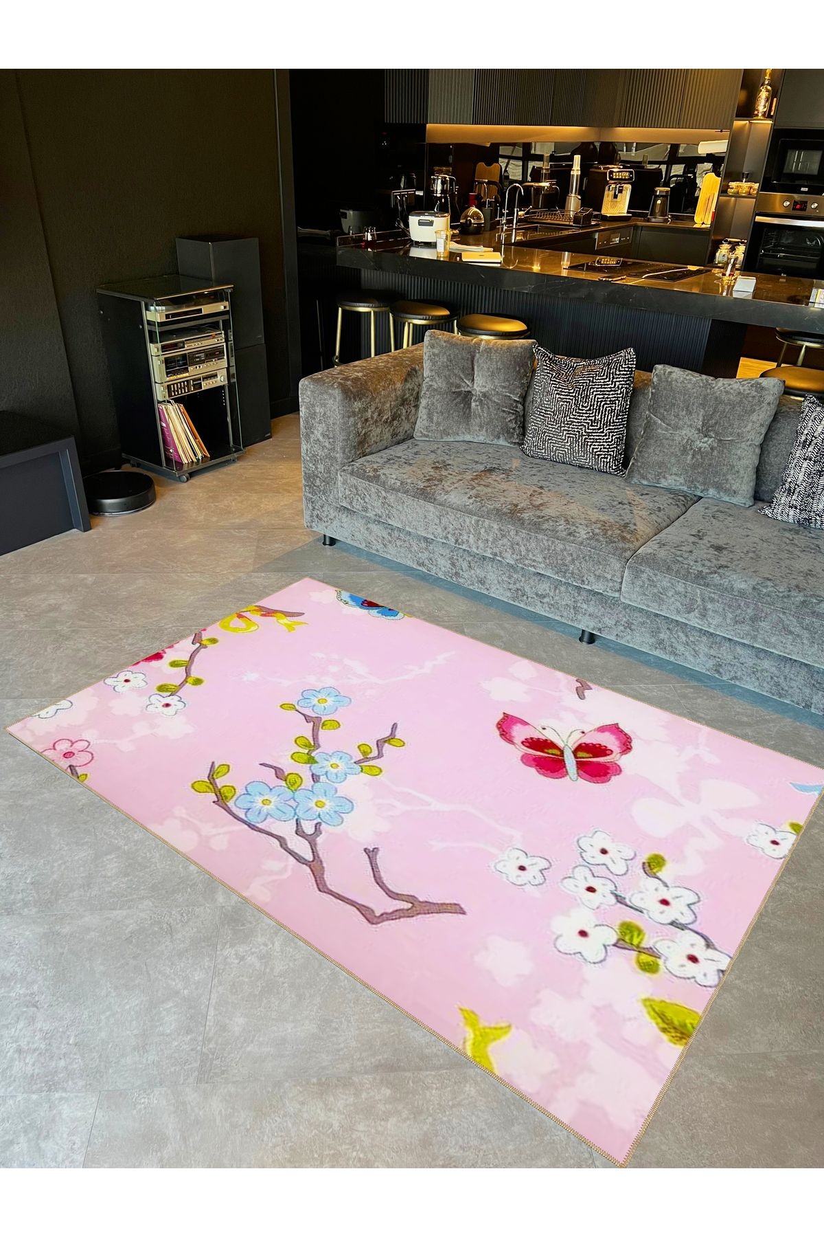 Seda Koleksiyonu Pembe Temalı Kelebek ve Çiçek Detaylı Dokuma Taban Modern Dekoratif Halı seda10