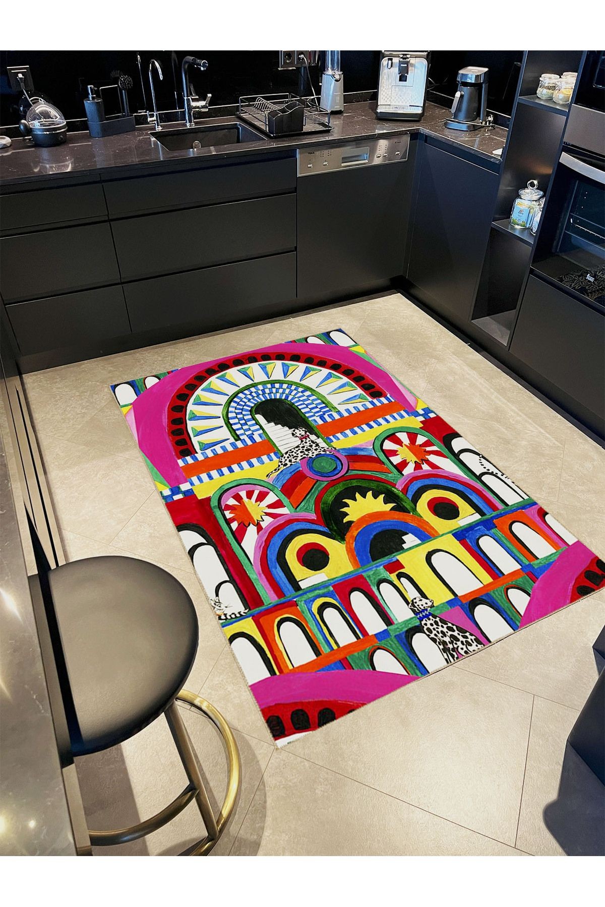 Güneş Koleksiyonu Çok Renkli Desenli Dalmaçyalı Detaylı Dokuma Taban Modern Dekoratif Halı güneş29