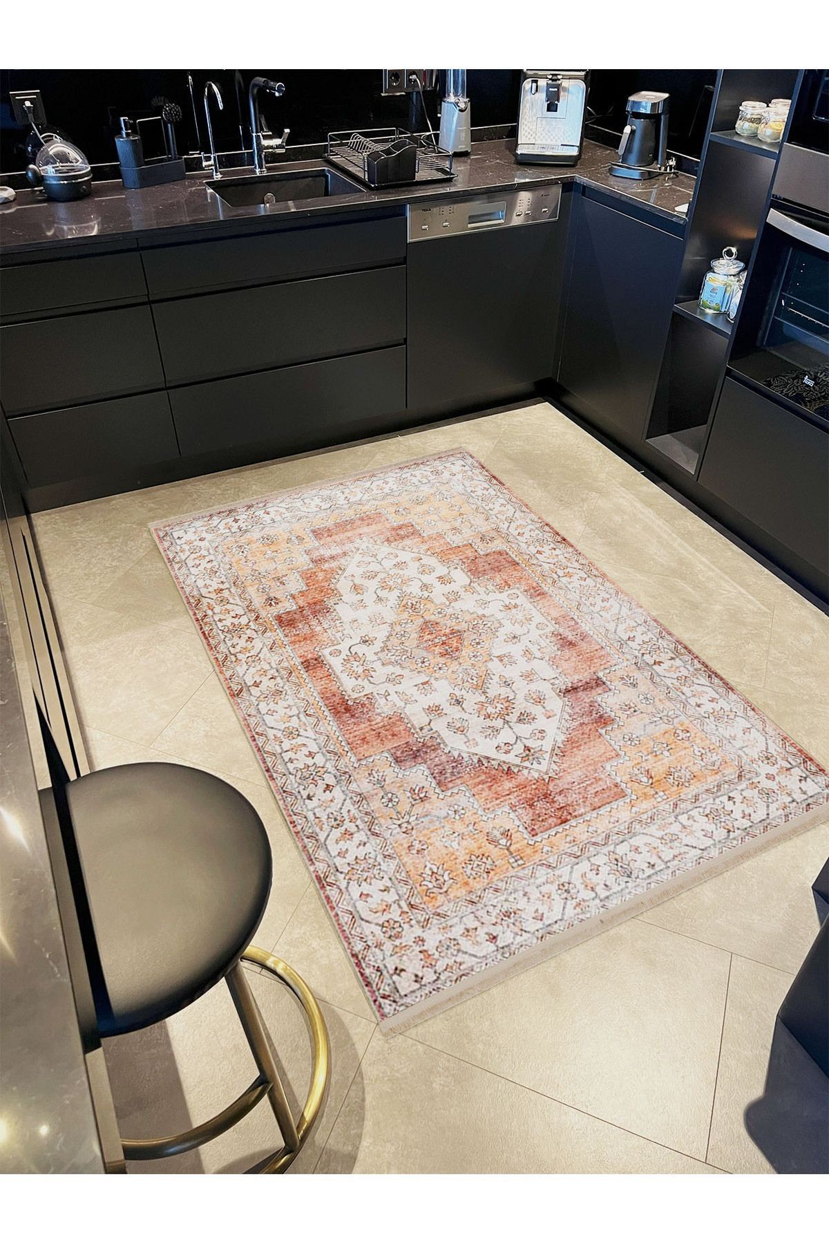 Alya Koleksiyonu Eskitme Görünümlü Turuncu Bej Desenli Dokuma Taban Modern Dekoratif Halı alya30