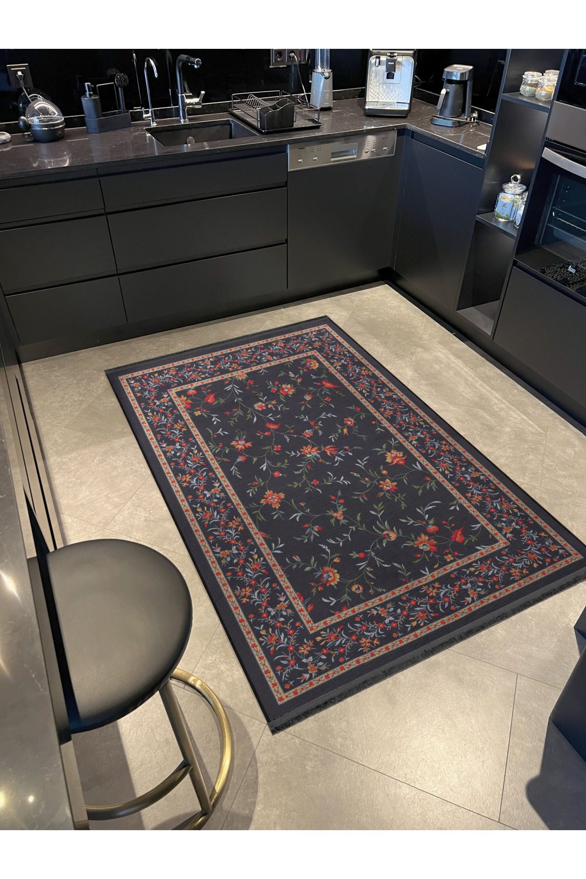 Koyu Ton Çok Renkli Motifli Etnik Çiçek Desenli Kreatif Vintage Dekoratif Halı 2554