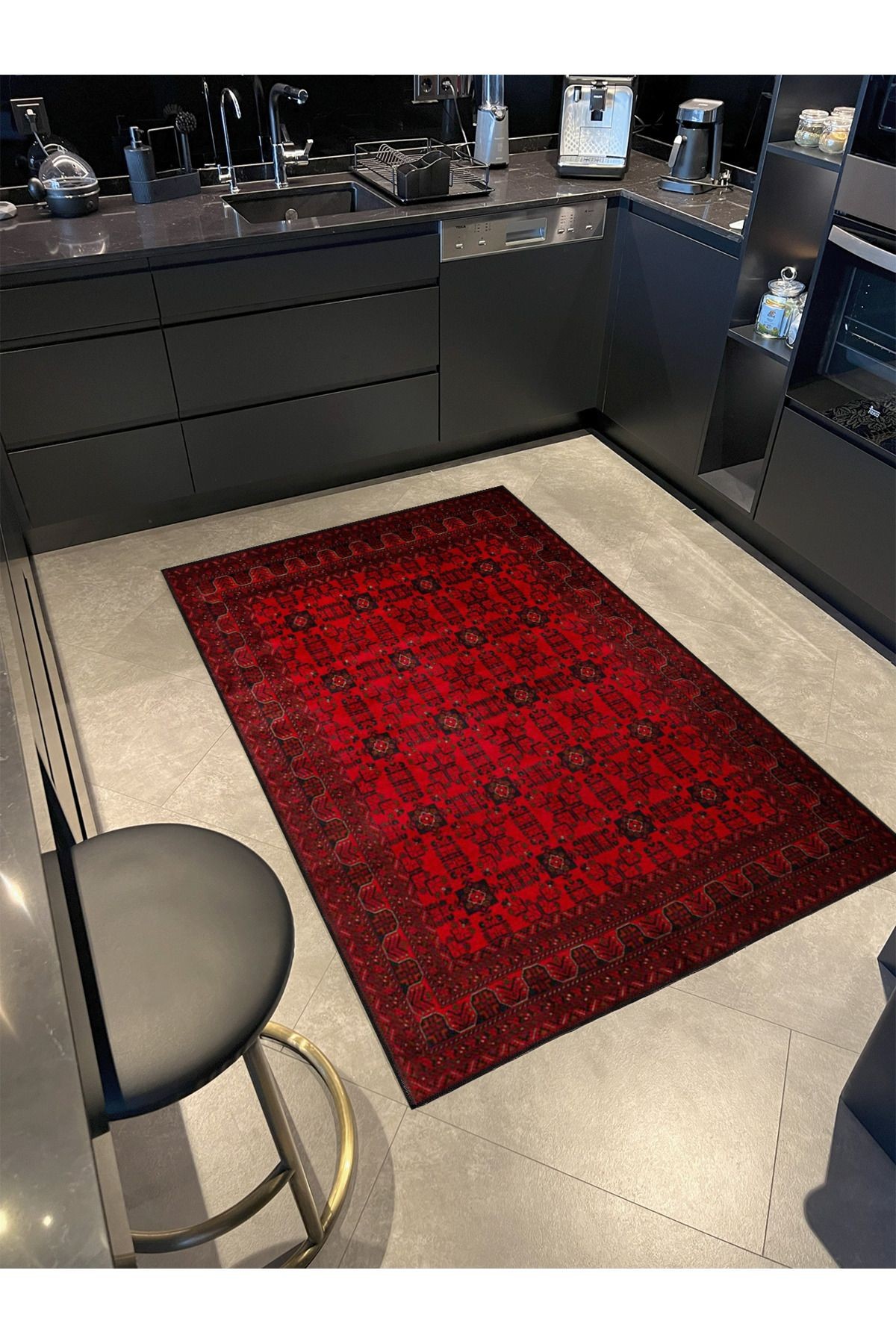 Kırmızı Renkli Geometrik Geleneksel Düğümlü Modern Desenli Dokuma Taban ve Dekoratif Halı miravip86