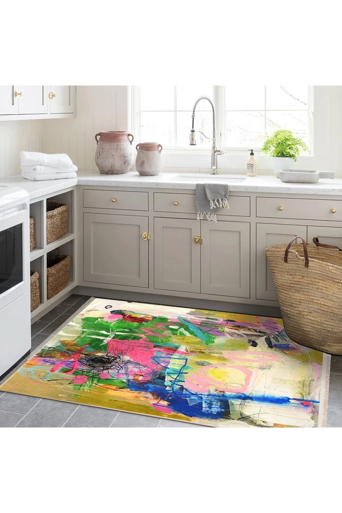 Özge Koleksiyonu Yağlı Boya Görünümlü Çok Renkli Soyut Desenli Dokuma Taban Dekoratif Halı özge20