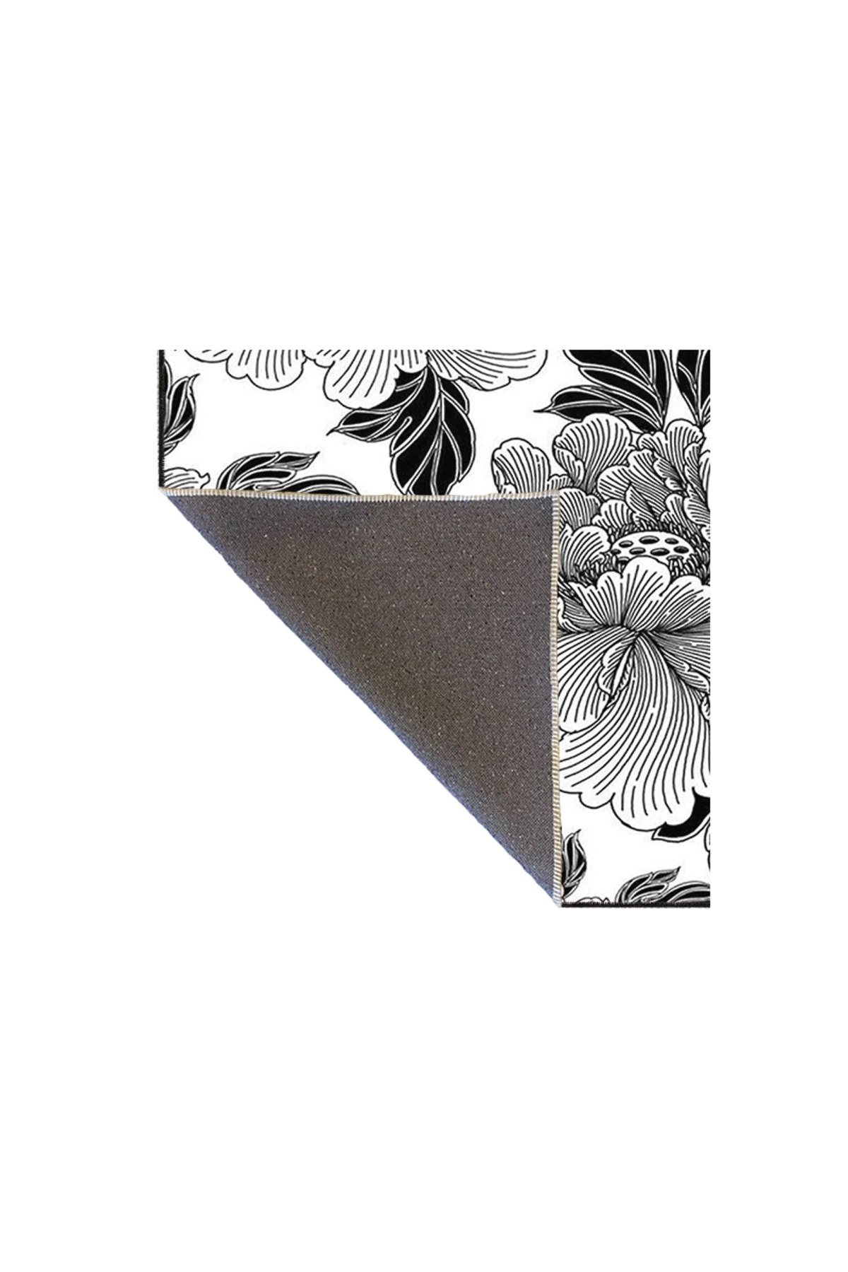 Beyaz Temalı Siyah Çiçekli Çizgili Desenli Dokuma Taban Halı ve Yıkanabilir Halı miravip9923