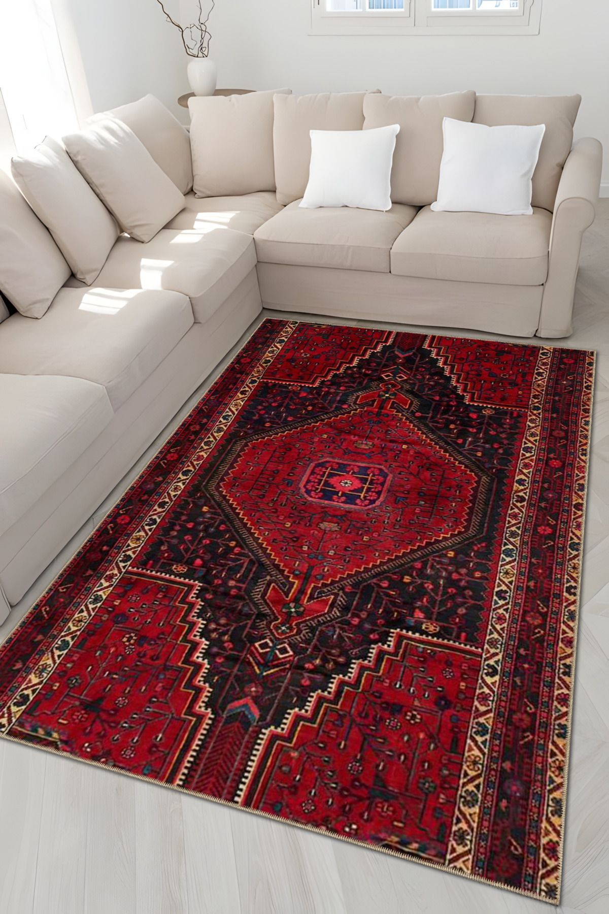 Bordo Siyah Temalı Geleneksel Motif Desenli Etnik Vintage Dekoratif Halı 4906