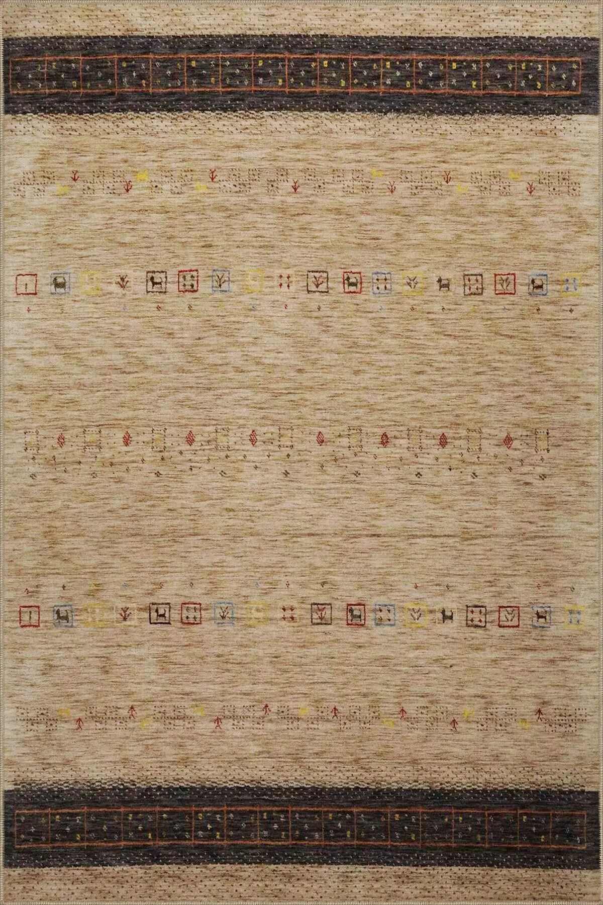 Hasır Renklerde Etnik Desenli Dekoratif Halı miravip876