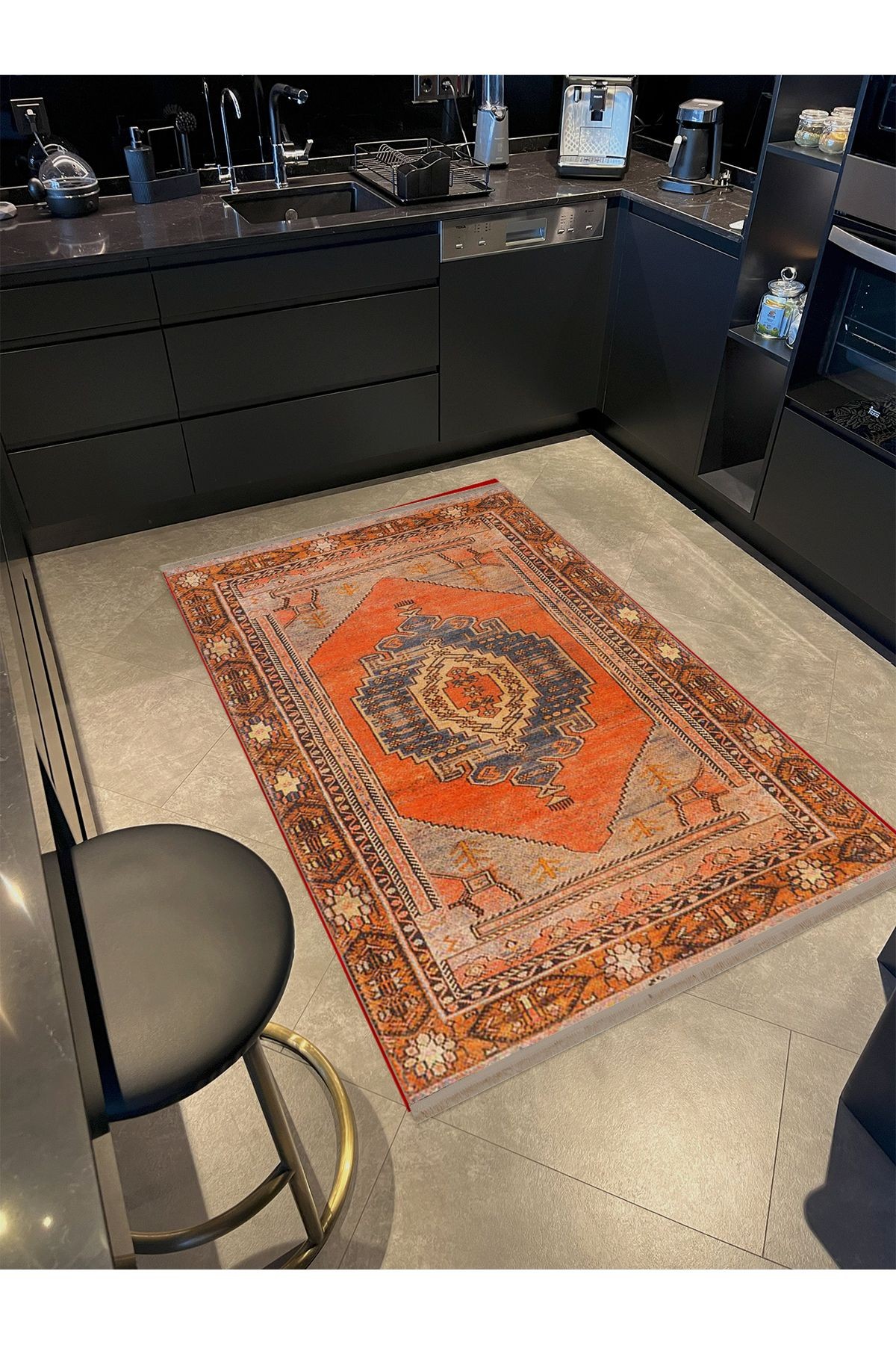 Asya Koleksiyonu Eskitme Görünümlü Turuncu Dokuma Taban Modern Dekoratif Halı asya38