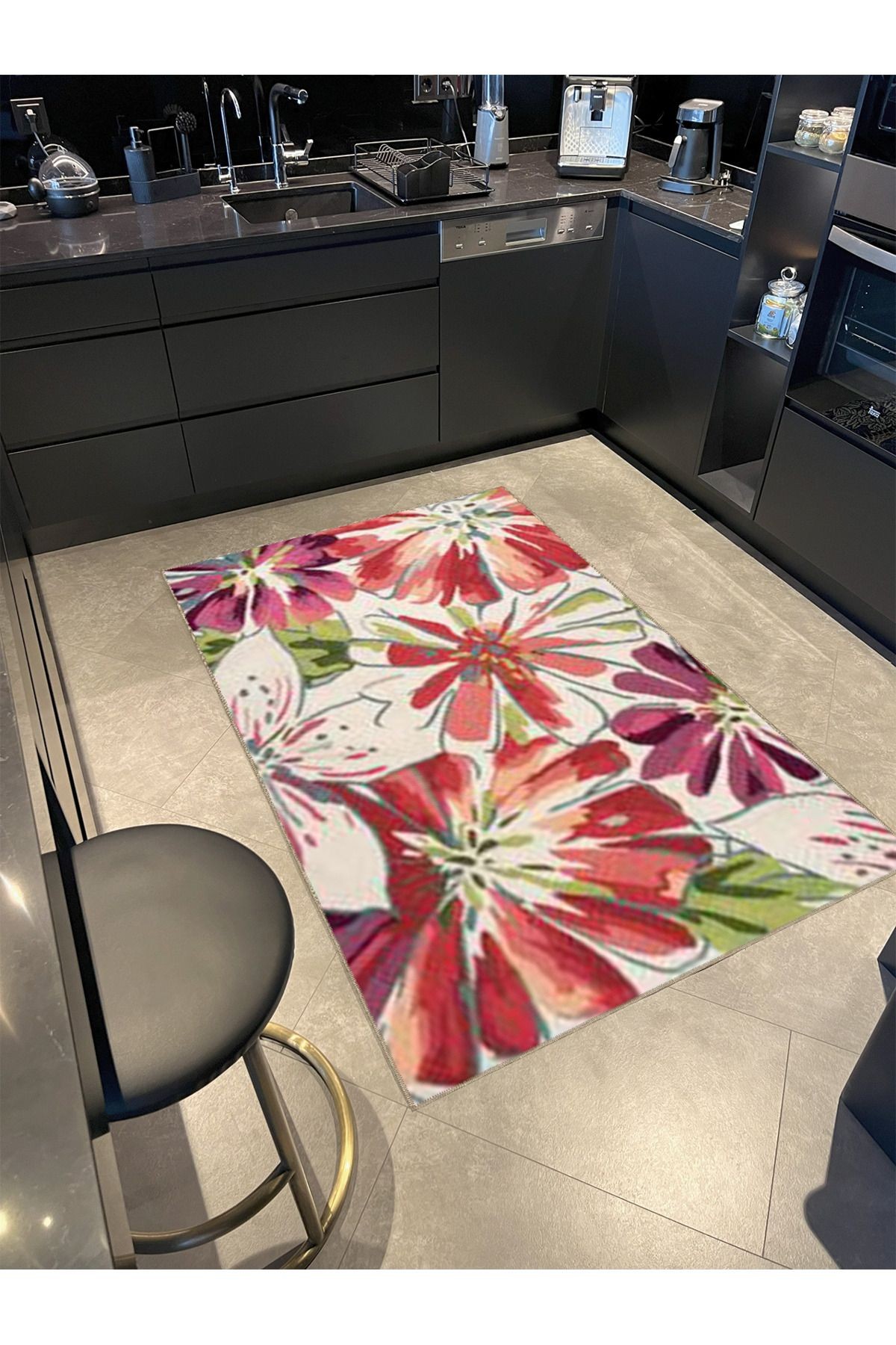 Bej Kırmızı Temalı Çiçek Desenli Kreatif Modern Dekoratif Halı 5037