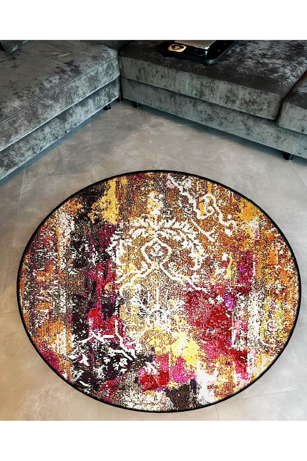 Çok Renkli Geleneksel Motif Desenli Yuvarlak Dokuma Taban Vintage Dekoratif Halı 6180