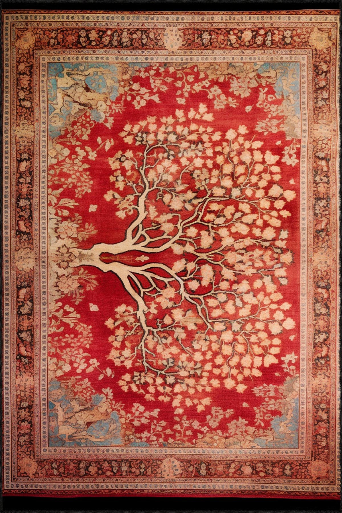 Dido 2 Koleksiyonu Kırmızı Temalı Sonbahar Ağaç Desenli Vintage Dekoratif Halı 02
