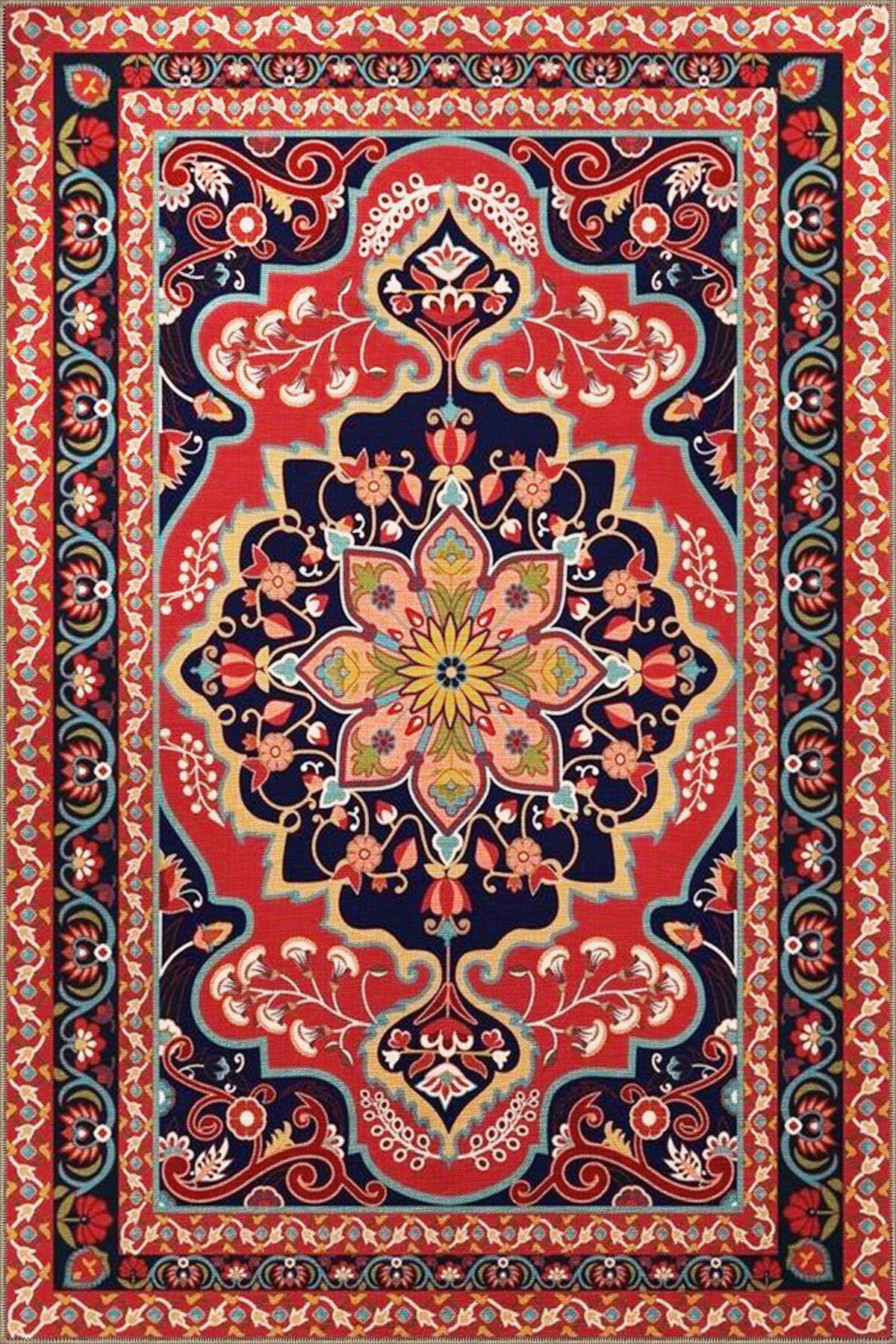 Kırmızı Tonlarında Etnik Desenli Vintage Modern Dekoratif Halı 3673