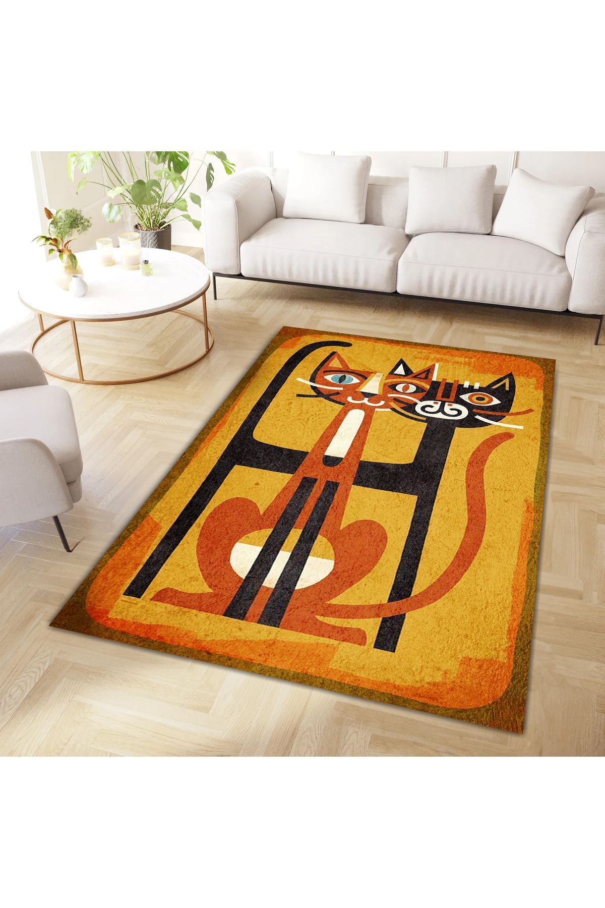 Kuzey Koleksiyonu Turuncu Tonlarda İki Kedi Desenli Dokuma Taban Modern Dekoratif Halı kuzey21